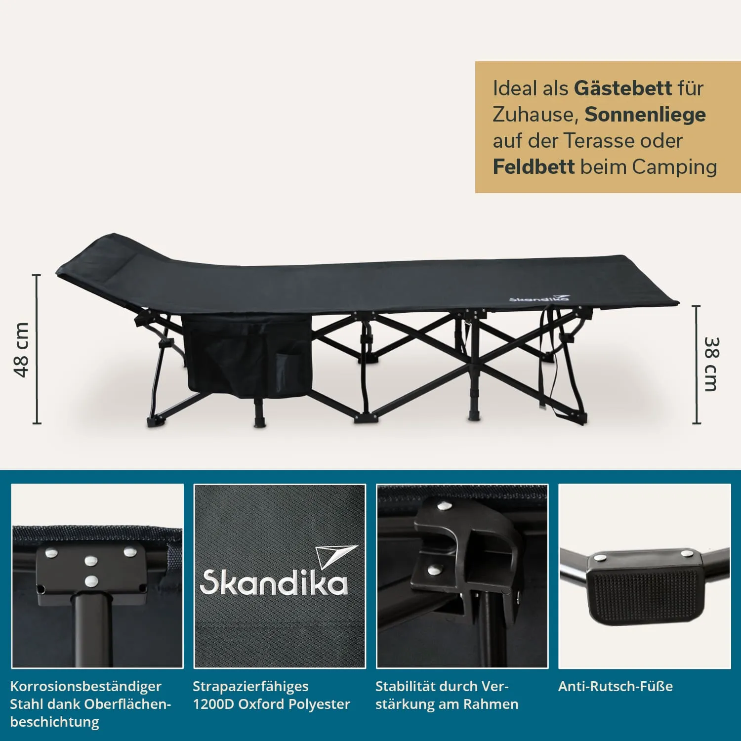 Klappbares Feldbett in Schwarz mit Stahlgestell, abgebildet auf einem hellen Hintergrund. Höhe 48 cm, für verschiedene Einsatzmöglichkeiten.