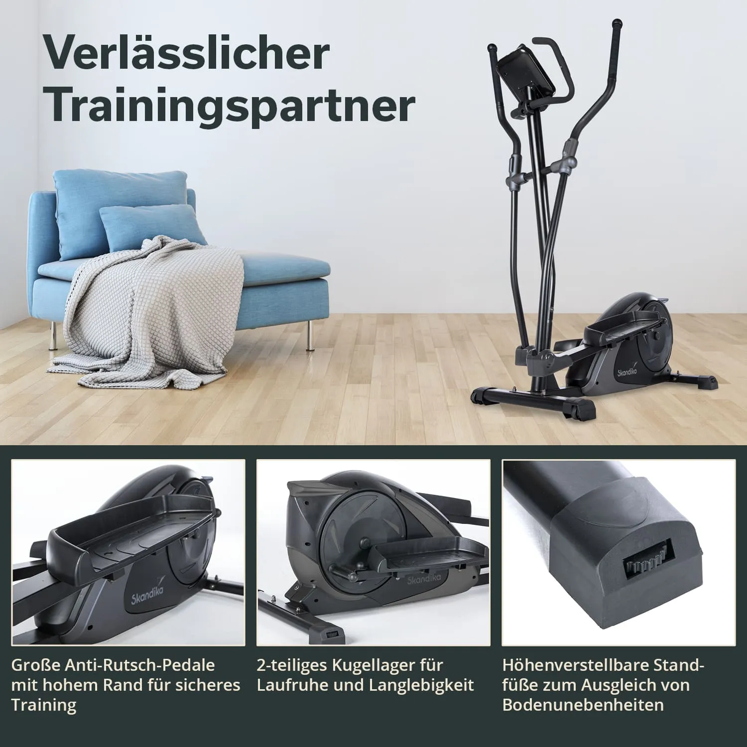 Kombination aus einem schwarzen Crosstrainer und einem modernen blauen Sofa mit Kissen und Decke vor einem hellen Hintergrund.