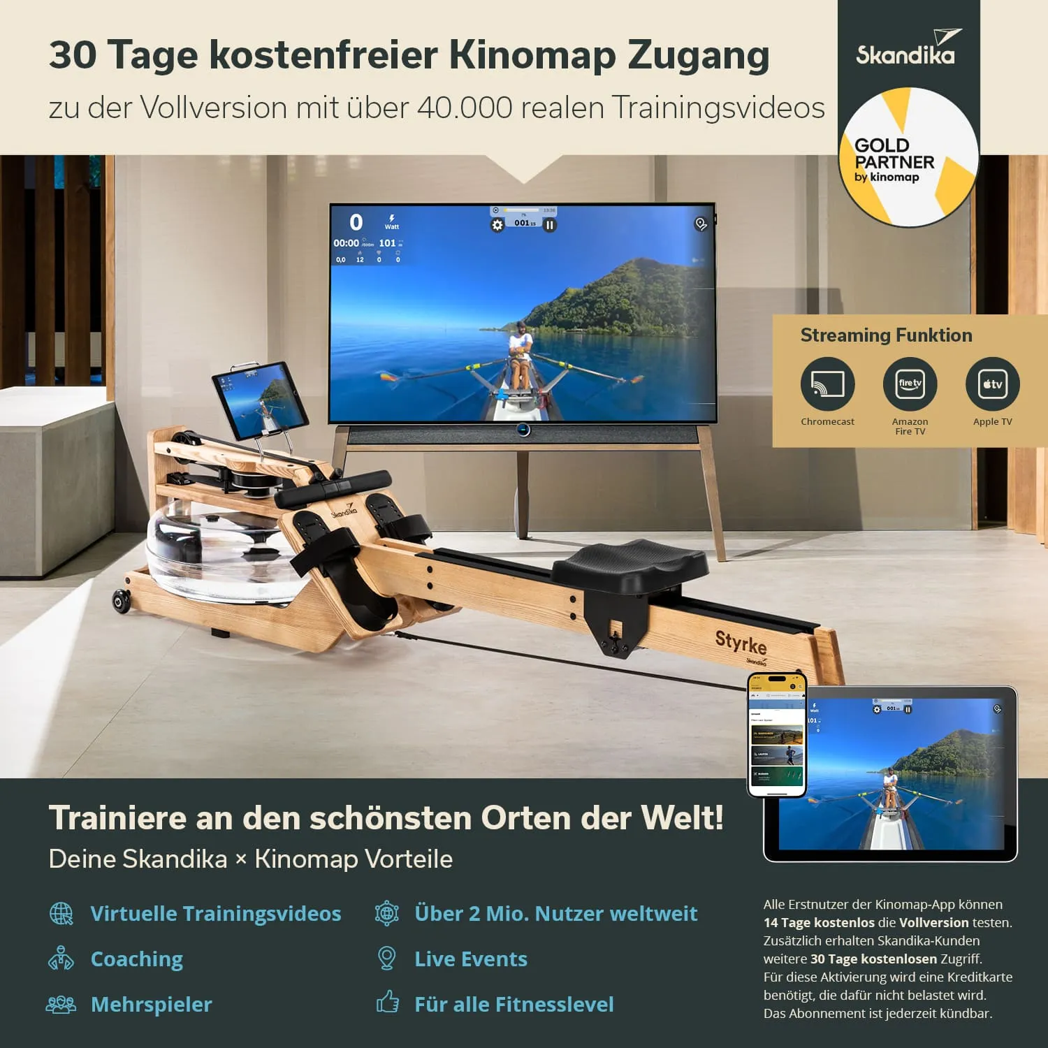 Wassertretgerät aus Holz mit Display, großem Fernseher im Hintergrund, Informationen zu Trainingsvideos und Streaming-Funktionen.
