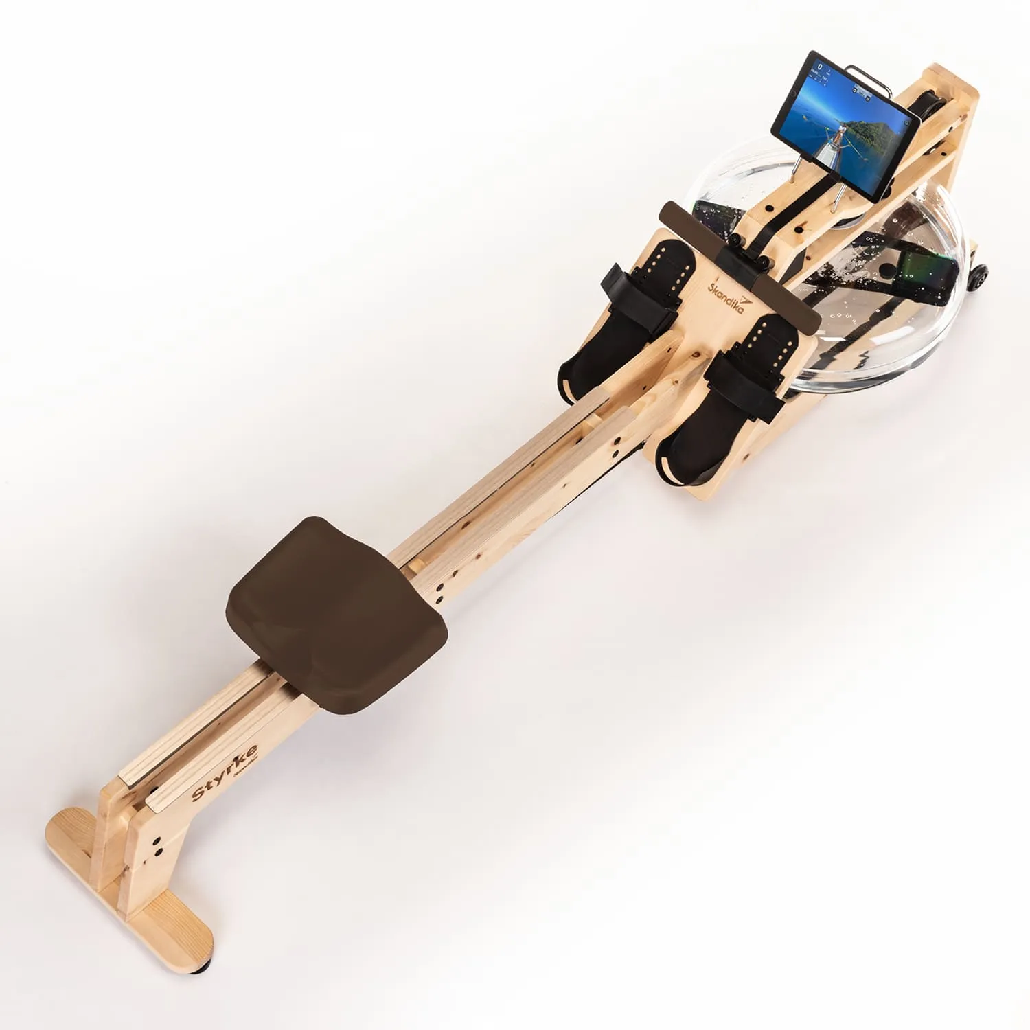 Rudergerät aus Holz mit einem transparenten Wassertank, Fußstützen und Halterung für ein Tablet.