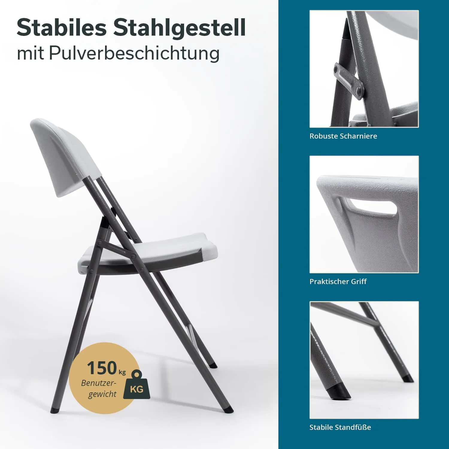 Faltstuhl mit stabilem Stahlgestell. Graue Sitz- und Rückenfläche, robuste Scharniere, praktischer Griff und stabile Standfüße.
