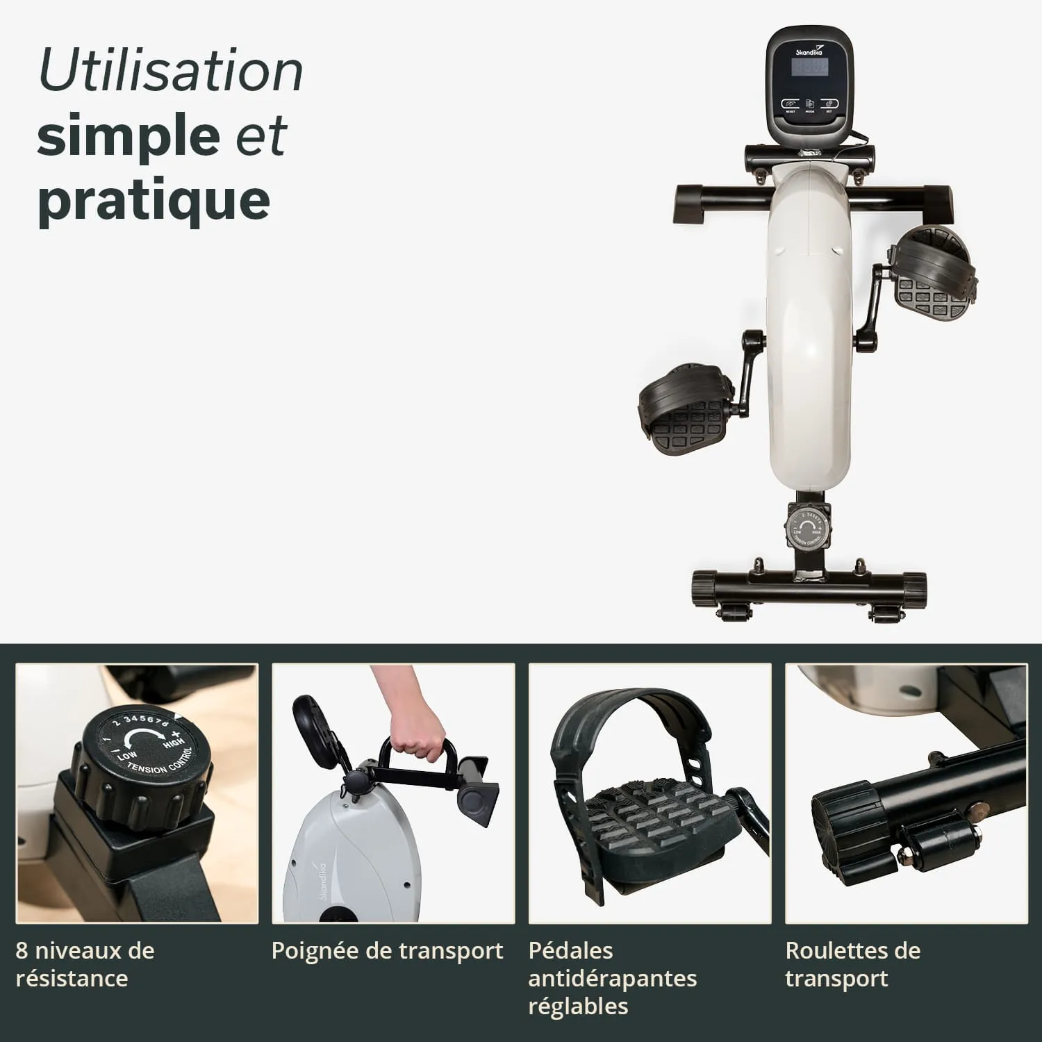 Ein Mini-Heimtrainer mit Display und verstellbaren Pedalen. Unterhalb verschiedene Funktionen: Widerstandseinstellung, Transportgriff, rutschfeste Pedale und Transportrollen.