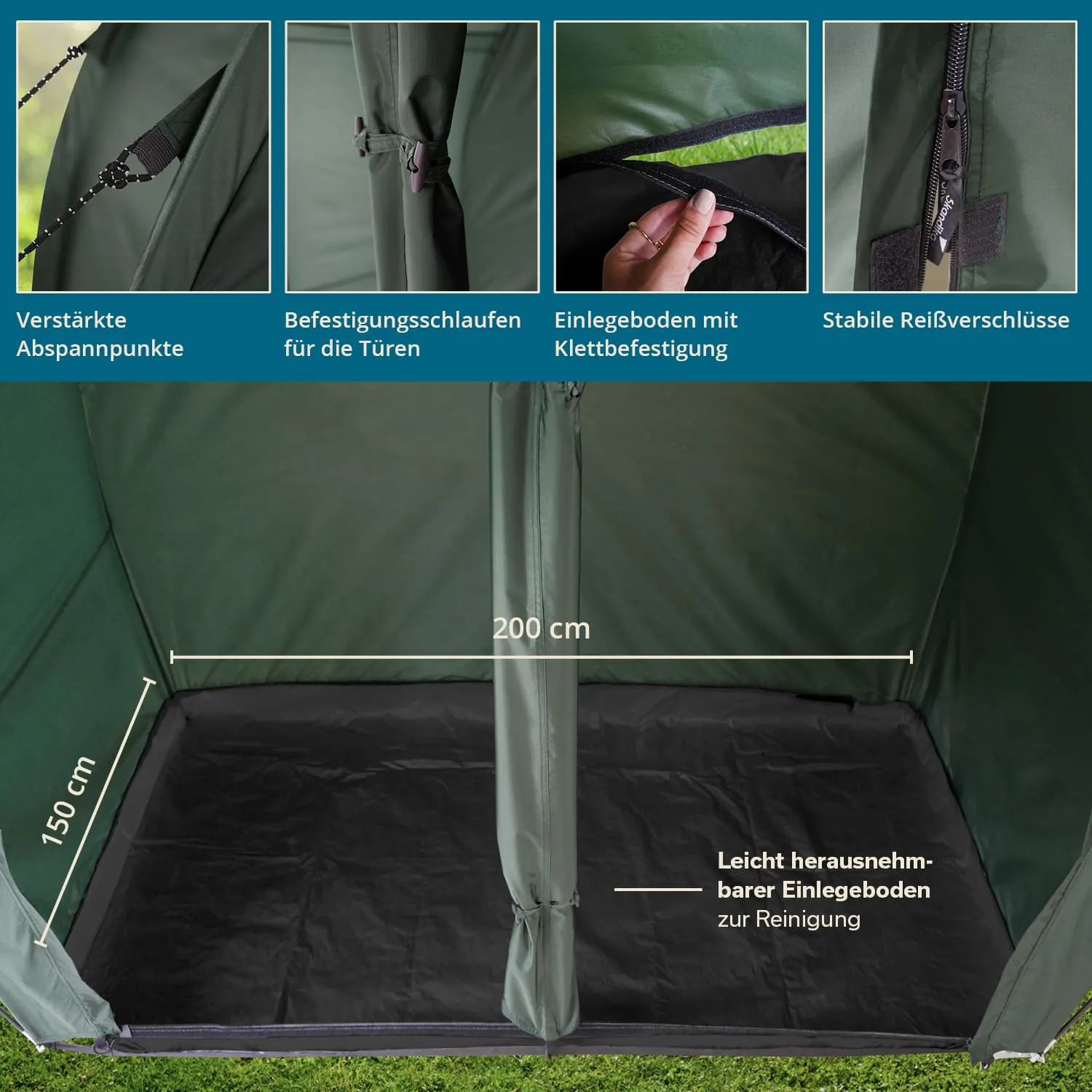 Zeltinnenansicht mit Maßangaben: 200 cm Länge und 150 cm Höhe. Einlegerboden mit Klettbefestigung und stabilen Reißverschlüssen.