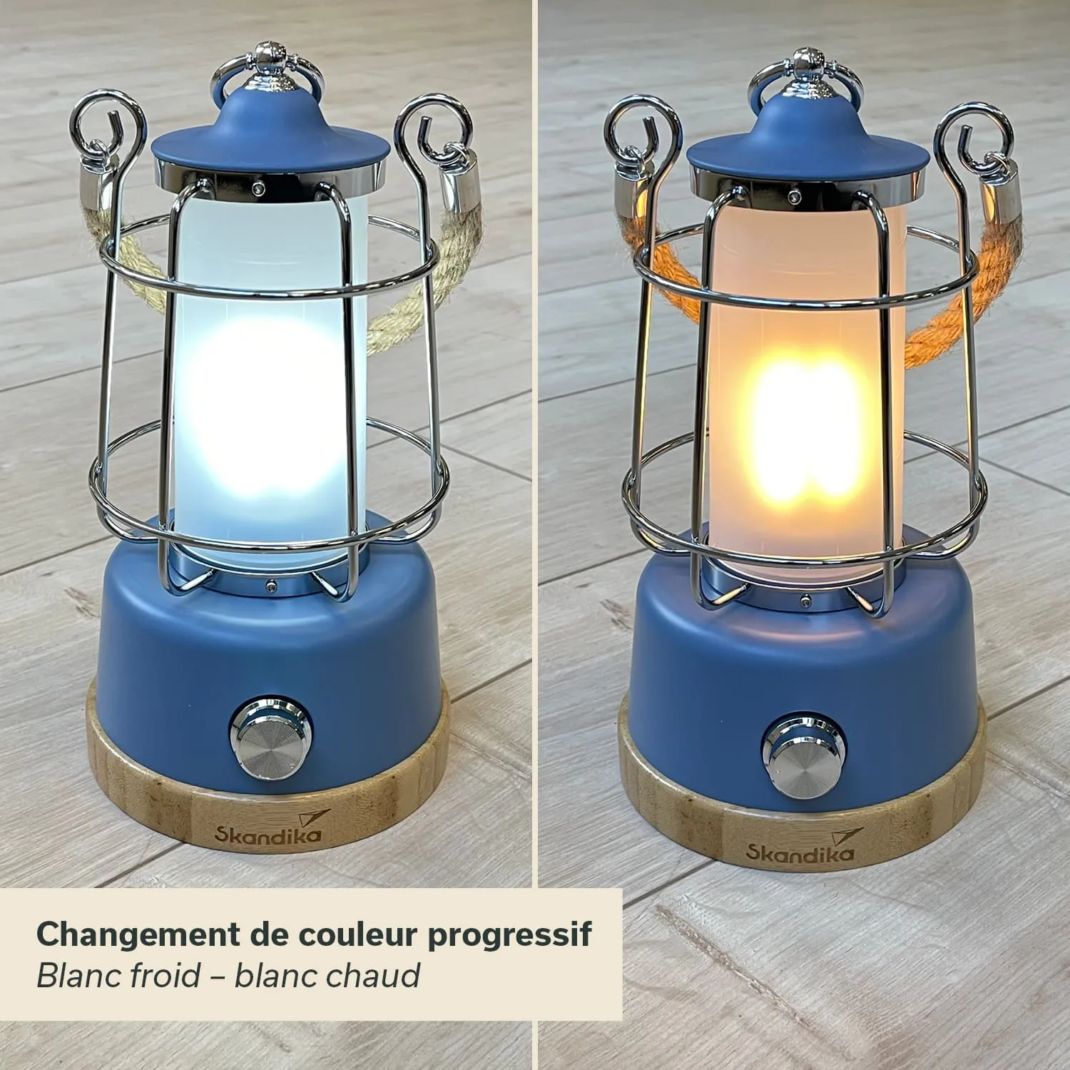 Tischlampe in blauer Farbe mit korbähnlichem Metallgitter und einem Holzsockel. Links leuchtet eine kalte Lichtfarbe, rechts warm.