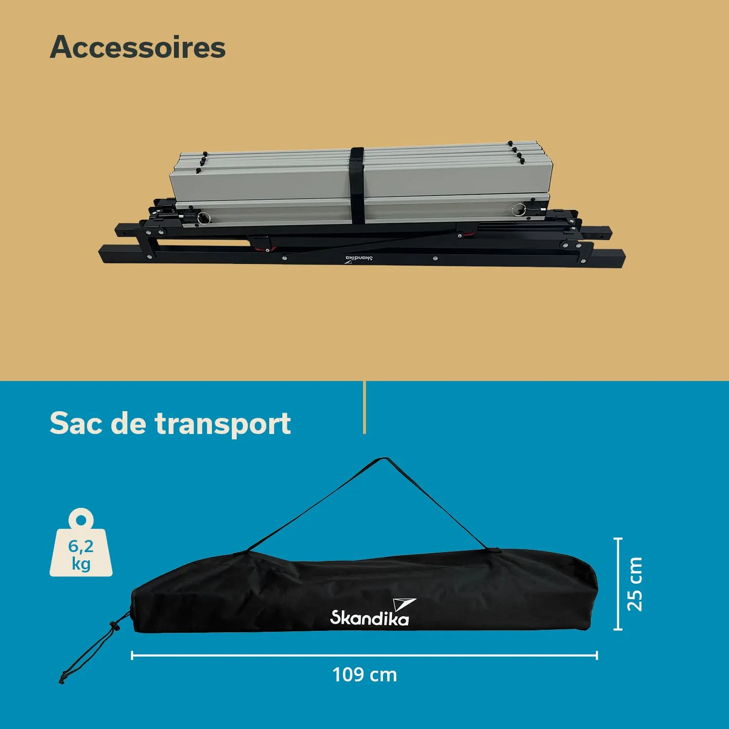 Transporttasche mit den Maßen 109 cm x 25 cm, Gewicht 6,2 kg, sowie einem Zubehörteil, das auf einer Halterung liegt.