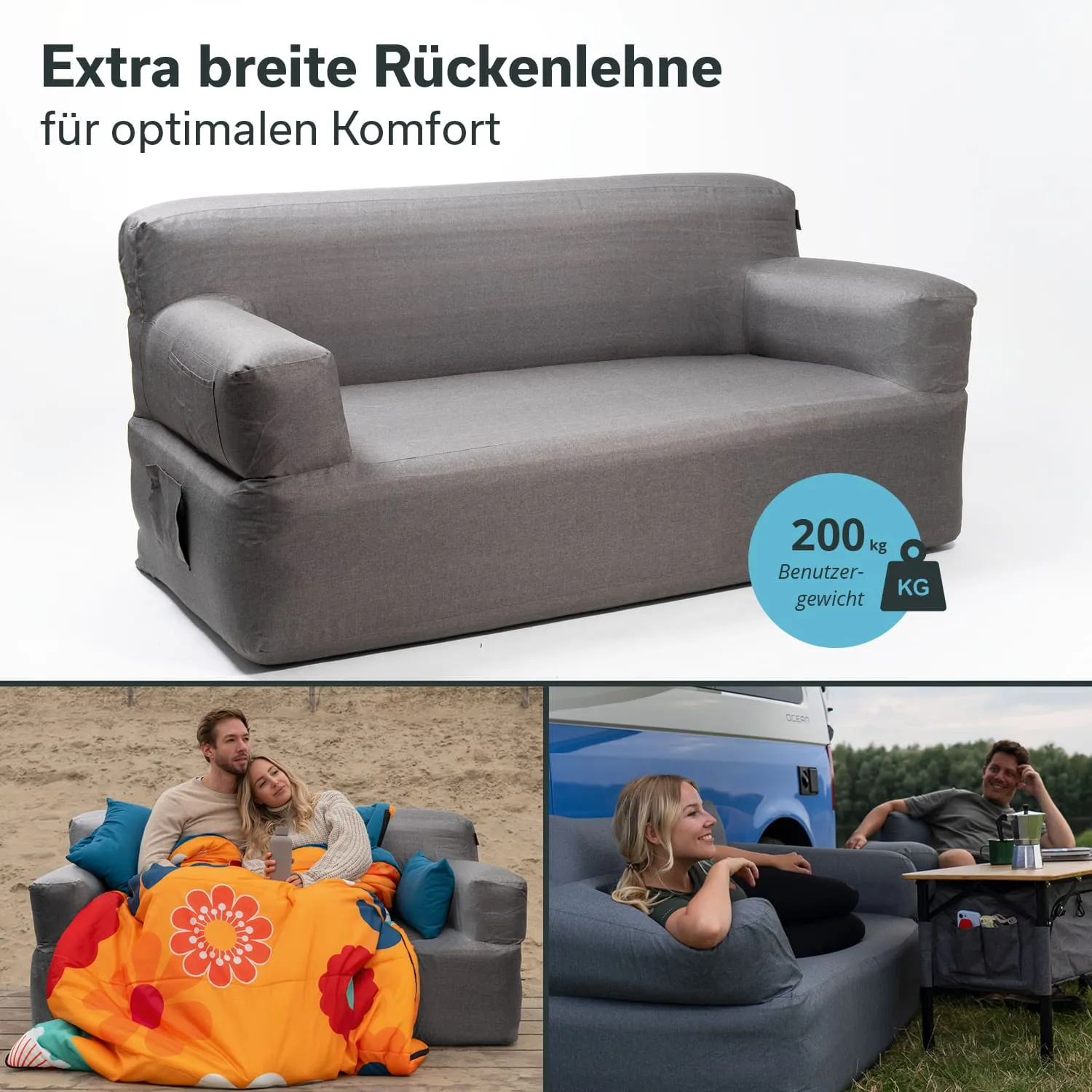 Grau Couch mit extra breiter Rückenlehne. Drei Bilder zeigen sie in verschiedenen Szenen: Paar am Strand, lächelnde Frau und Mann am Wohnmobil.
