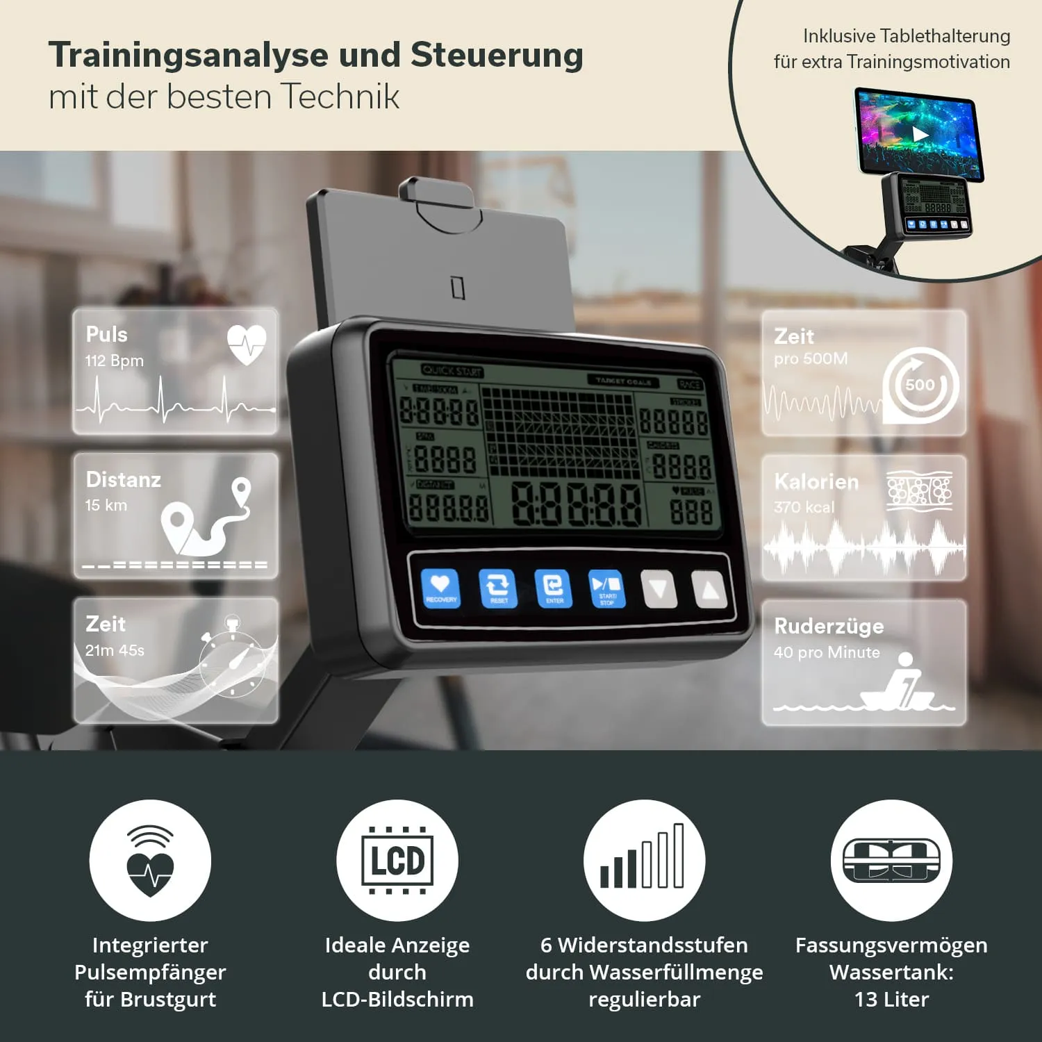 Display eines Fitnessgeräts mit Informationen zu Puls, Distanz, Zeit, Kalorien und Ruderzügen. LCD-Bildschirm mit Symbolen.