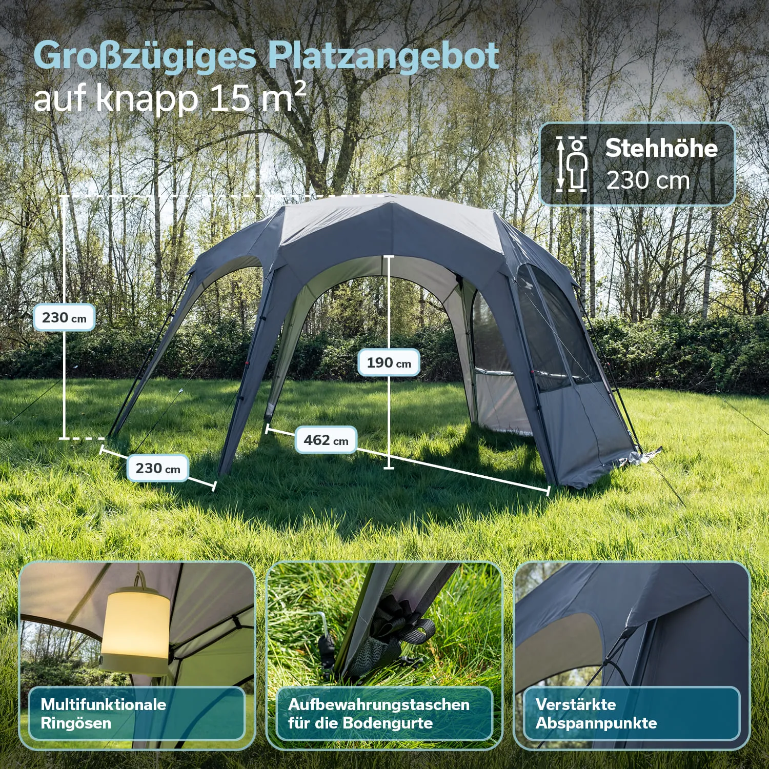 Ein großer grauer Pavillon steht auf einer Wiese, umgeben von Bäumen. Maße und Features sind beschrieben.