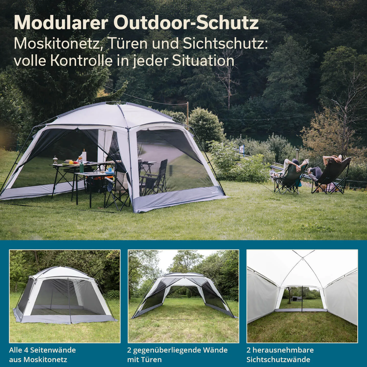 Modularer Outdoor-Schutz mit Moskitonetz, Tischen und Stühlen im Freien in einer grünen Umgebung.