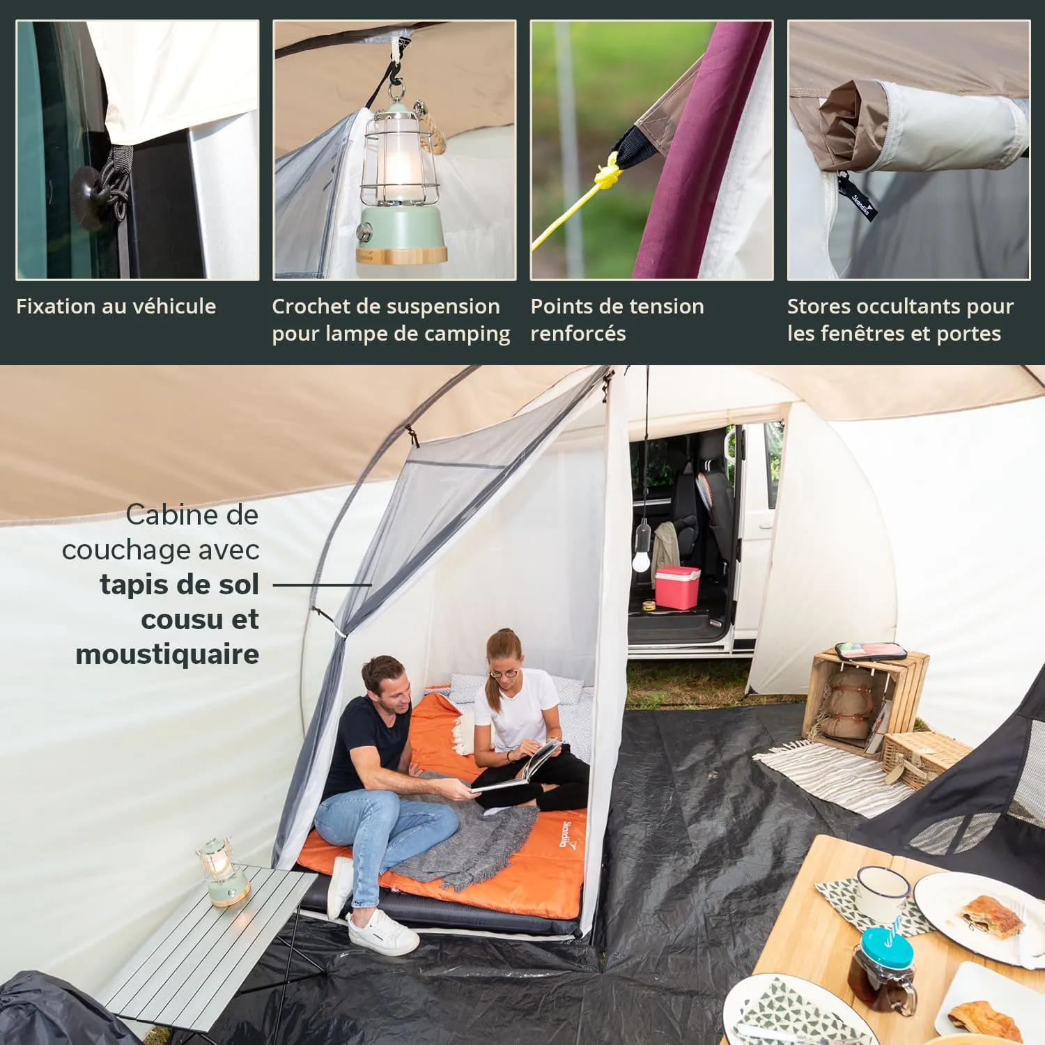 Zeltinneneinrichtung mit Schlafkabine, Matratzen, Lampen, Tisch und zwei Personen, die surfen. Fenstervorhänge sind sichtbar.