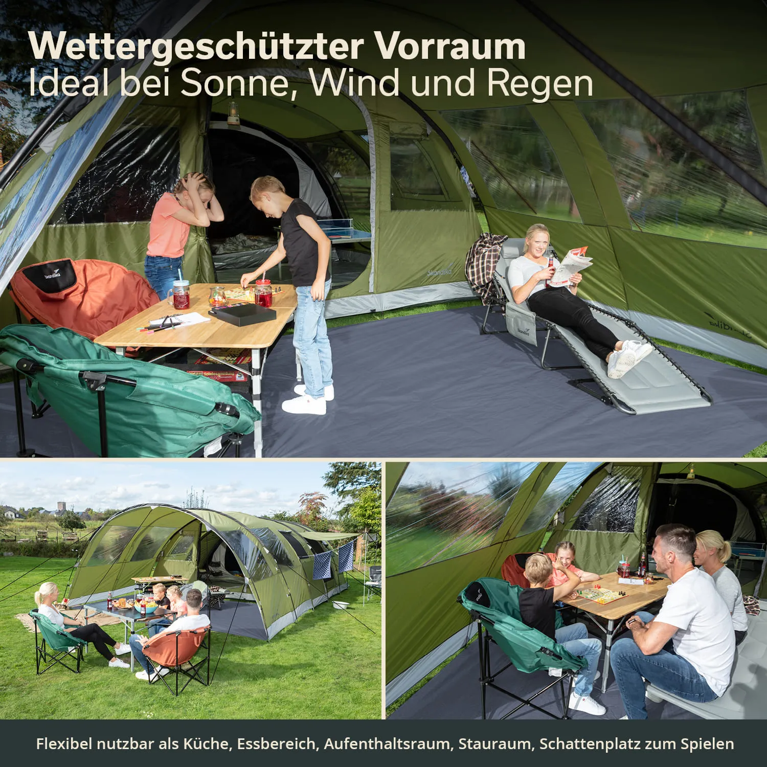 Zeltvorraum mit Tischen, Stühlen und Liege. Personen agieren im Innenraum. Gartenlandschaft im Hintergrund.