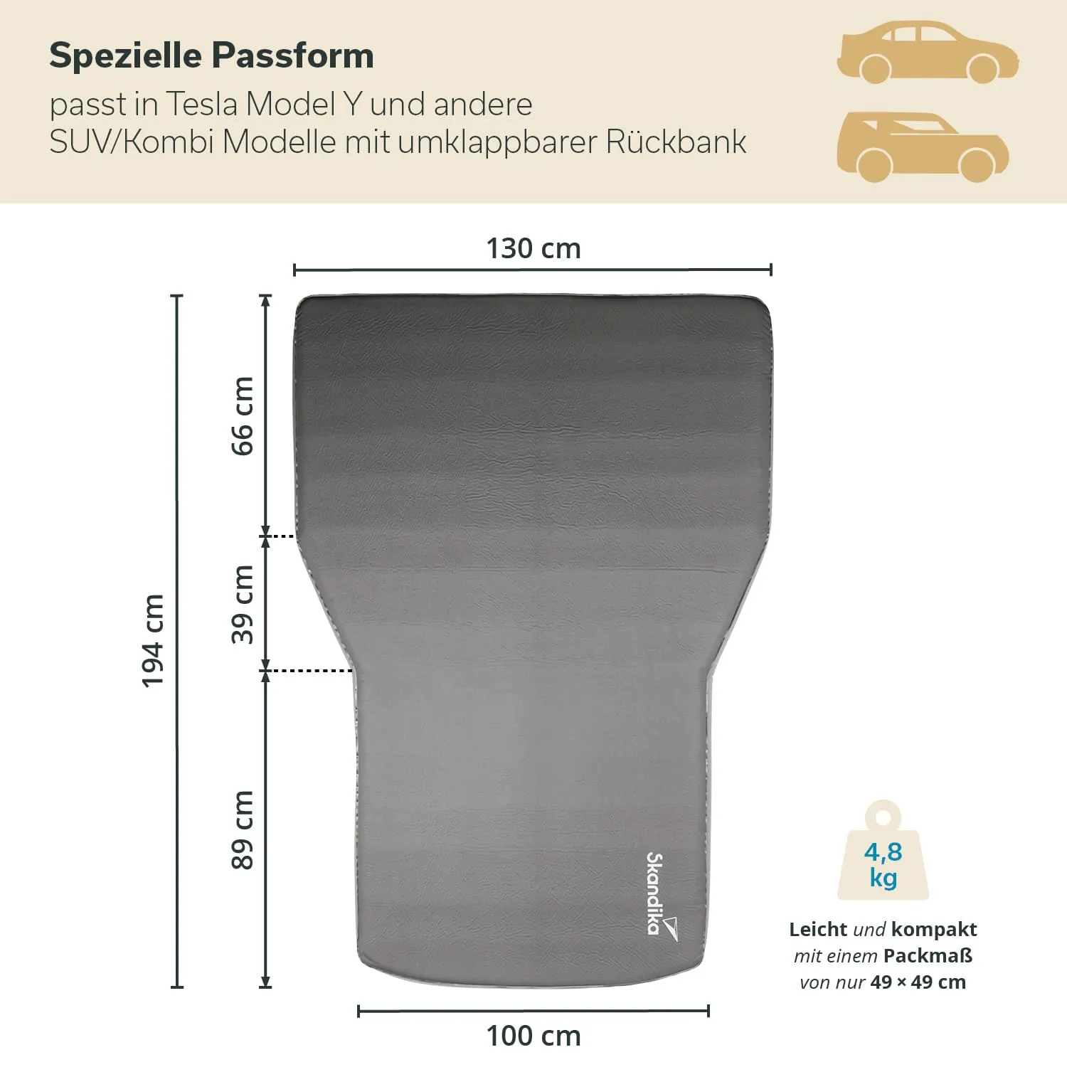 Grau unterlegte Matte mit Maßen und Hinweis auf spezielle Passform für SUV/Kombis, Gewicht 4,8 kg, in technischen Maßangaben.