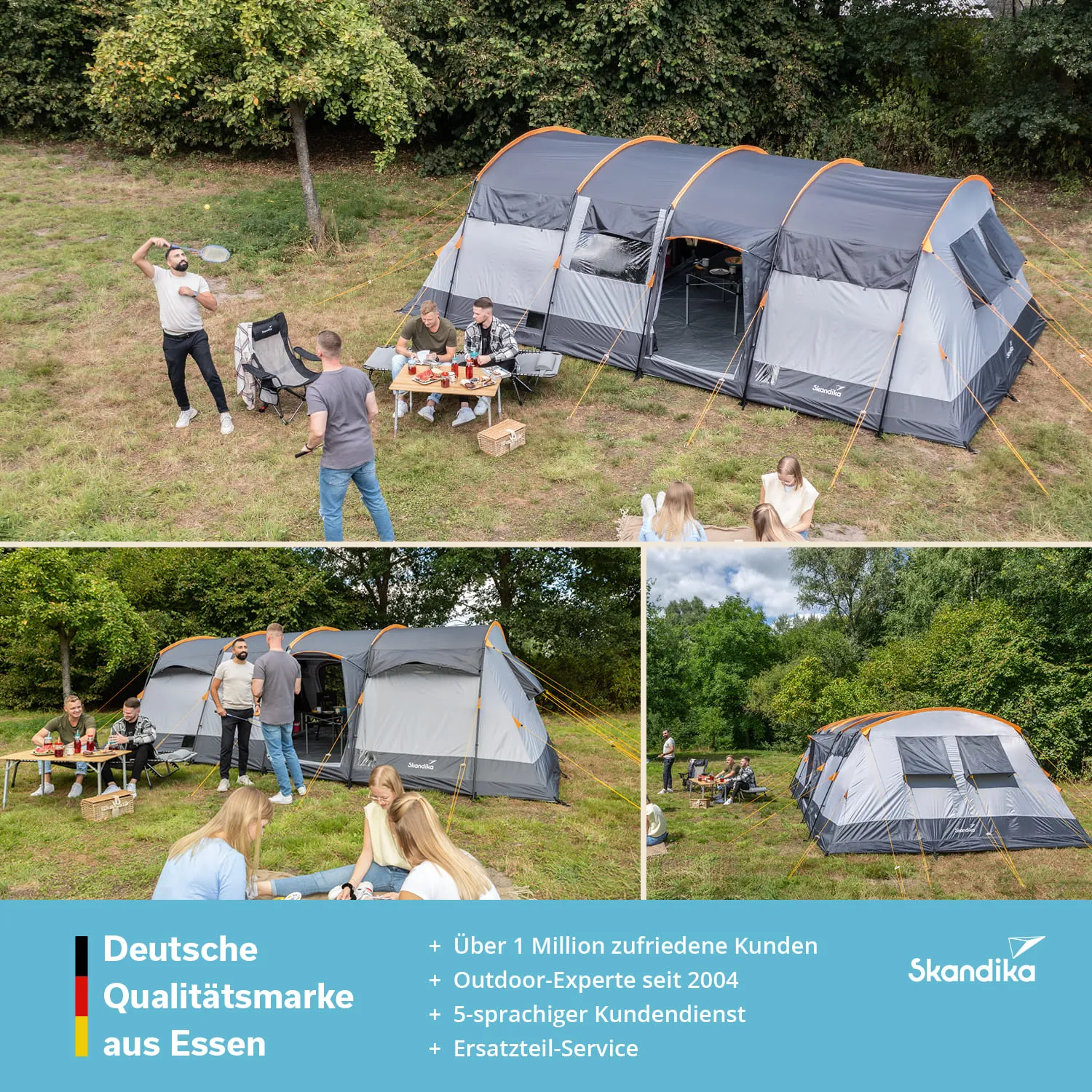 Zelt in der Landschaft, Personen sitzen und essen am Tisch, andere sprechen oder grillen. Grüne Bäume im Hintergrund.