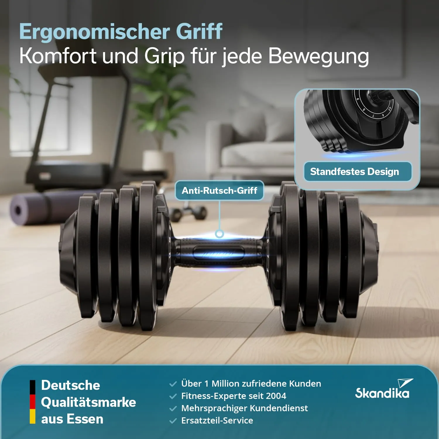 Hantel mit ergonomischem Griff und Anti-Rutsch-Funktion, auf einem Holzfußboden. Hintergrund mit Fitnessgeräten.