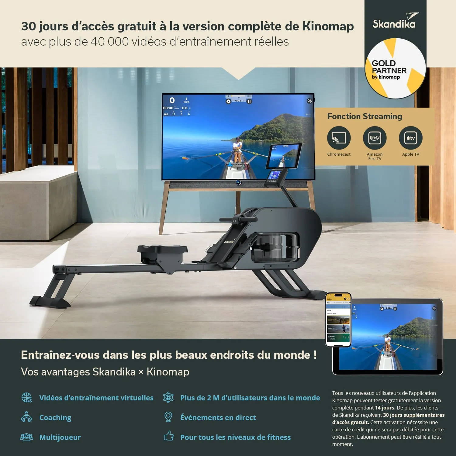 Rudergerät in einem modernen Raum, neben einem Fernseher mit Trainingsvideos. Informationen zu einem kostenlosen Zugang und Funktionen sind sichtbar.
