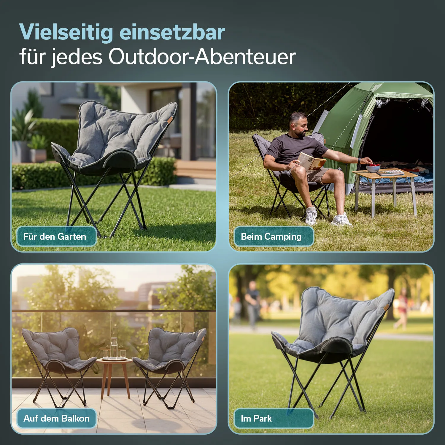 Sitzgelegenheiten in verschiedenen Umgebungen: Garten, Camping, Balkon und Park. Die Stühle sind faltbar und bequem.