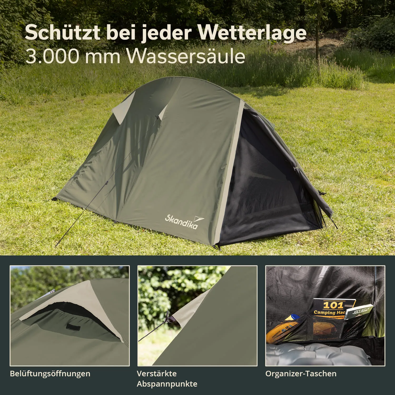 Zelt in dunkelgrün auf einer Wiese, umgeben von Bäumen. Detailansichten: Belüftungsöffnungen, verstärkte Abspannpunkte, Taschen im Innenraum.
