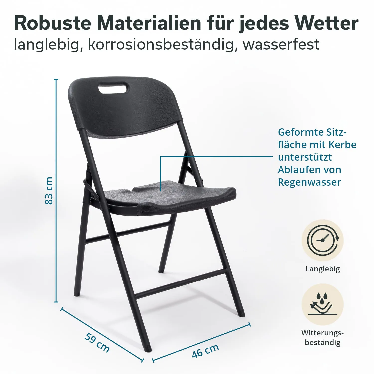 Faltstuhl aus schwarzem Material mit Maßen: Höhe 83 cm, Breite 59 cm, Tiefe 46 cm. Geformte Sitzfläche.