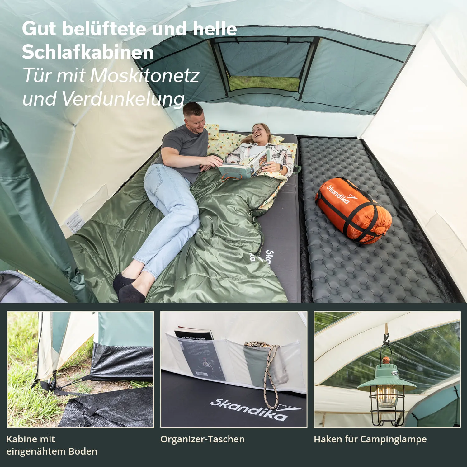 Zeltinnensicht mit zwei Personen auf Liegen, Schlafsäcke, Campinglampe, Organizer-Taschen und Moskitonetz.