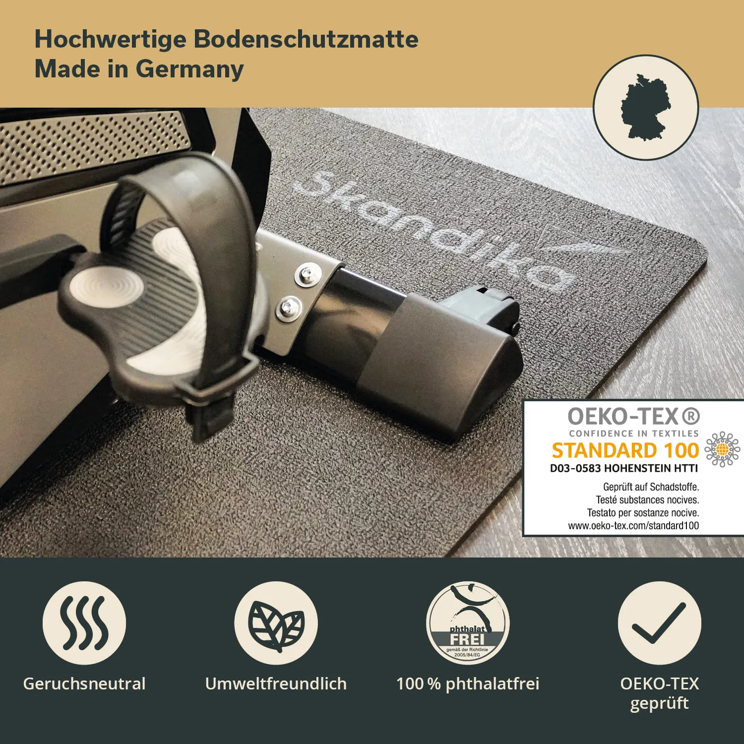 Bodenschutzmatte in Schwarz mit dem Logo „skandika“ und einem Teil eines Fitnessgeräts im Vordergrund.
