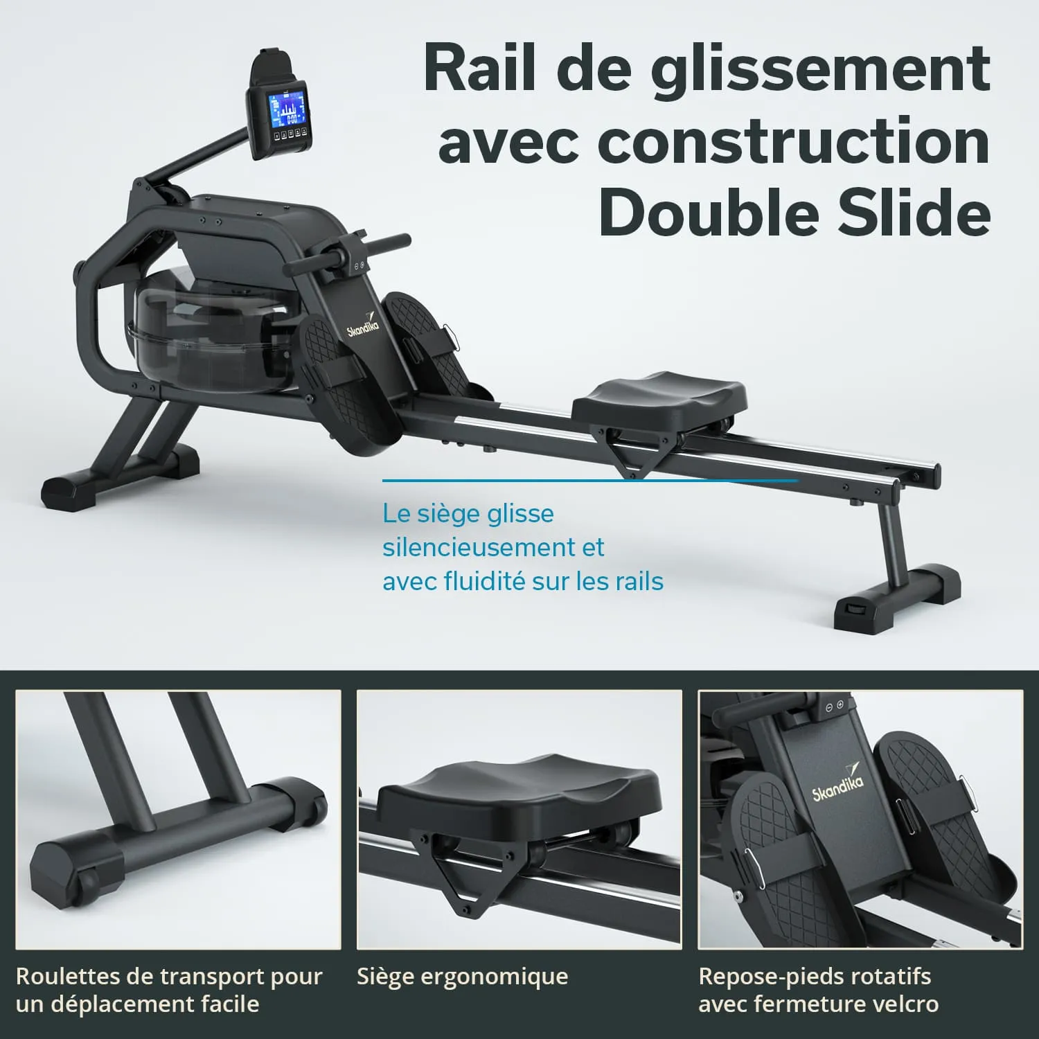 Rudermaschine mit Sitz, der auf Schienen gleitet. Pedale mit Klettverschluss und ergonomischem Design. Transportrollen vorhanden.