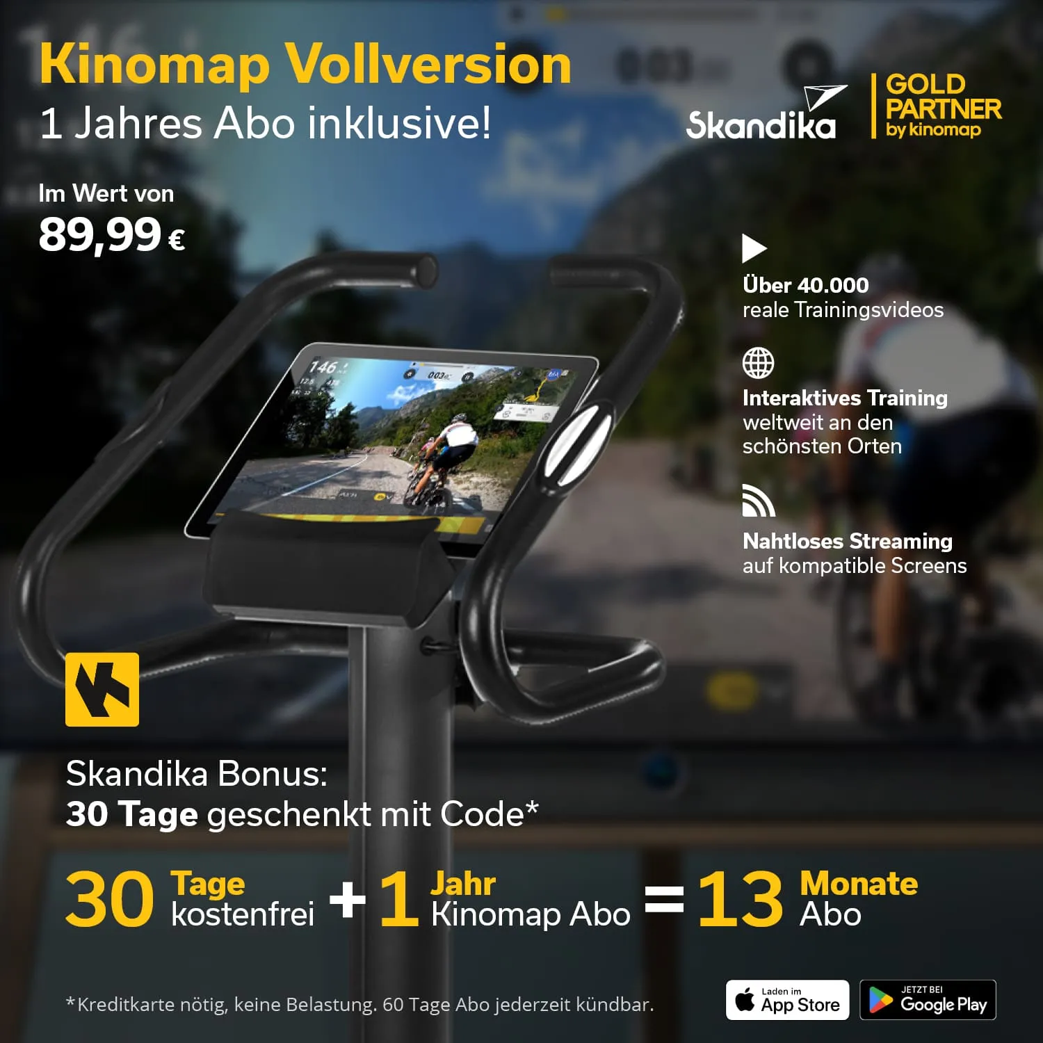 Fahrradtrainer mit Bildschirm, Anzeige von Trainingsvideos und Angebotsinfos zu einem Kinomap-Abonnement.