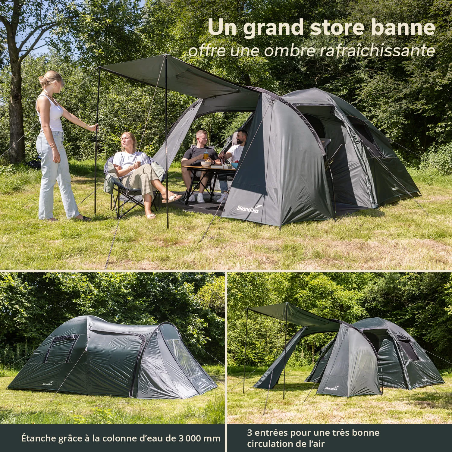 Ein Zelt mit großem Vorzelt steht auf einer grünen Wiese. Darunter sitzen vier Personen, die an einem Tisch Getränke genießen. Teile des Zeltes sind gut sichtbar, und Bäume umgeben die Szene.
