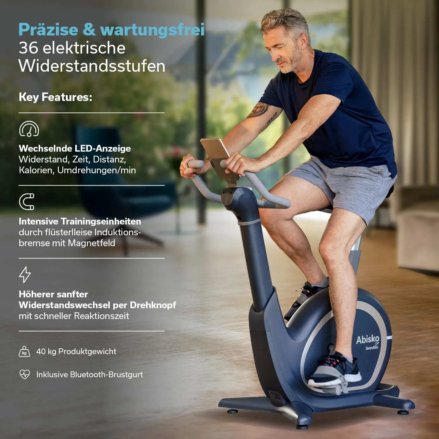 Bildschirm mit einem Smartphone auf einem Fitnessgerät, das Landschaftsaufnahmen zeigt. Text über Kinomap-Zugang und Streaming-Funktionen.