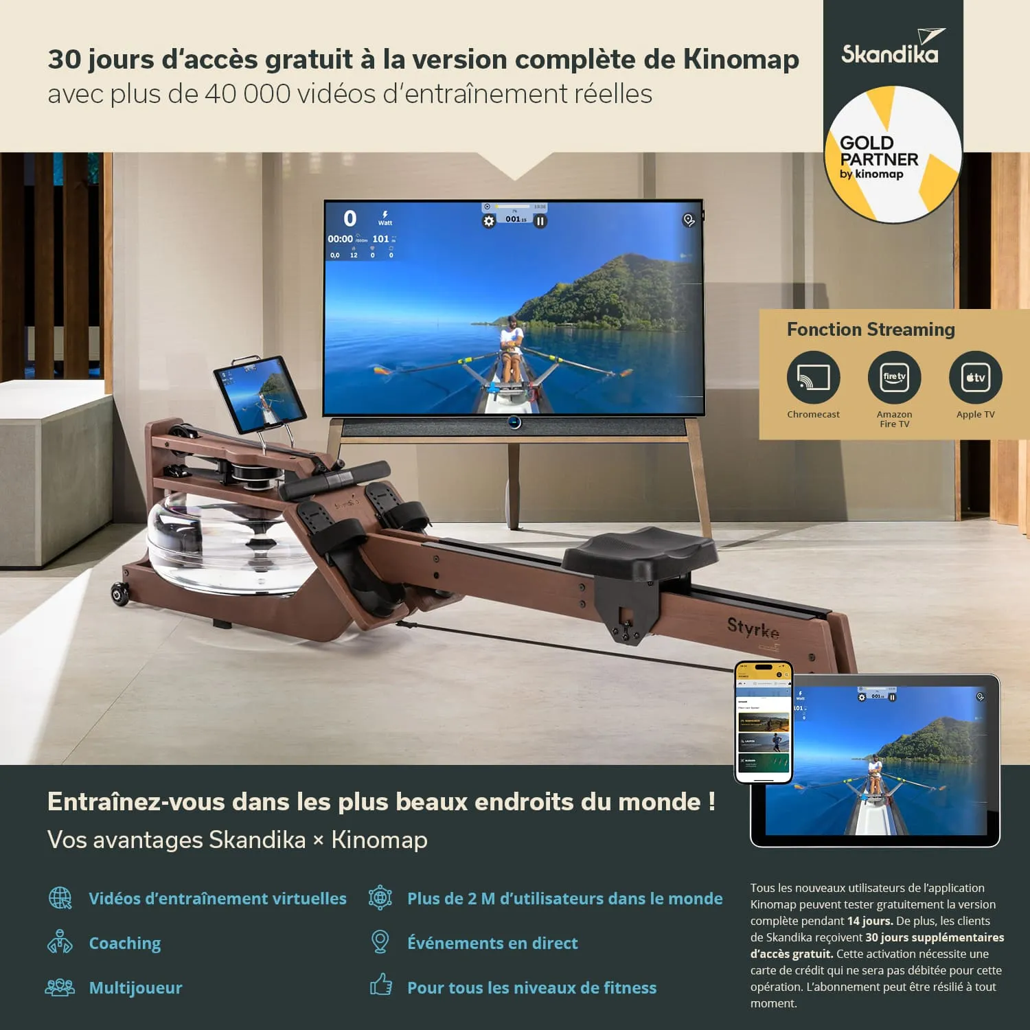 Rudergerät aus Holz mit Wasserbehälter steht vor einem Fernseher, der eine Ruder-Szene zeigt. Tablet und Smartphone sind sichtbar.