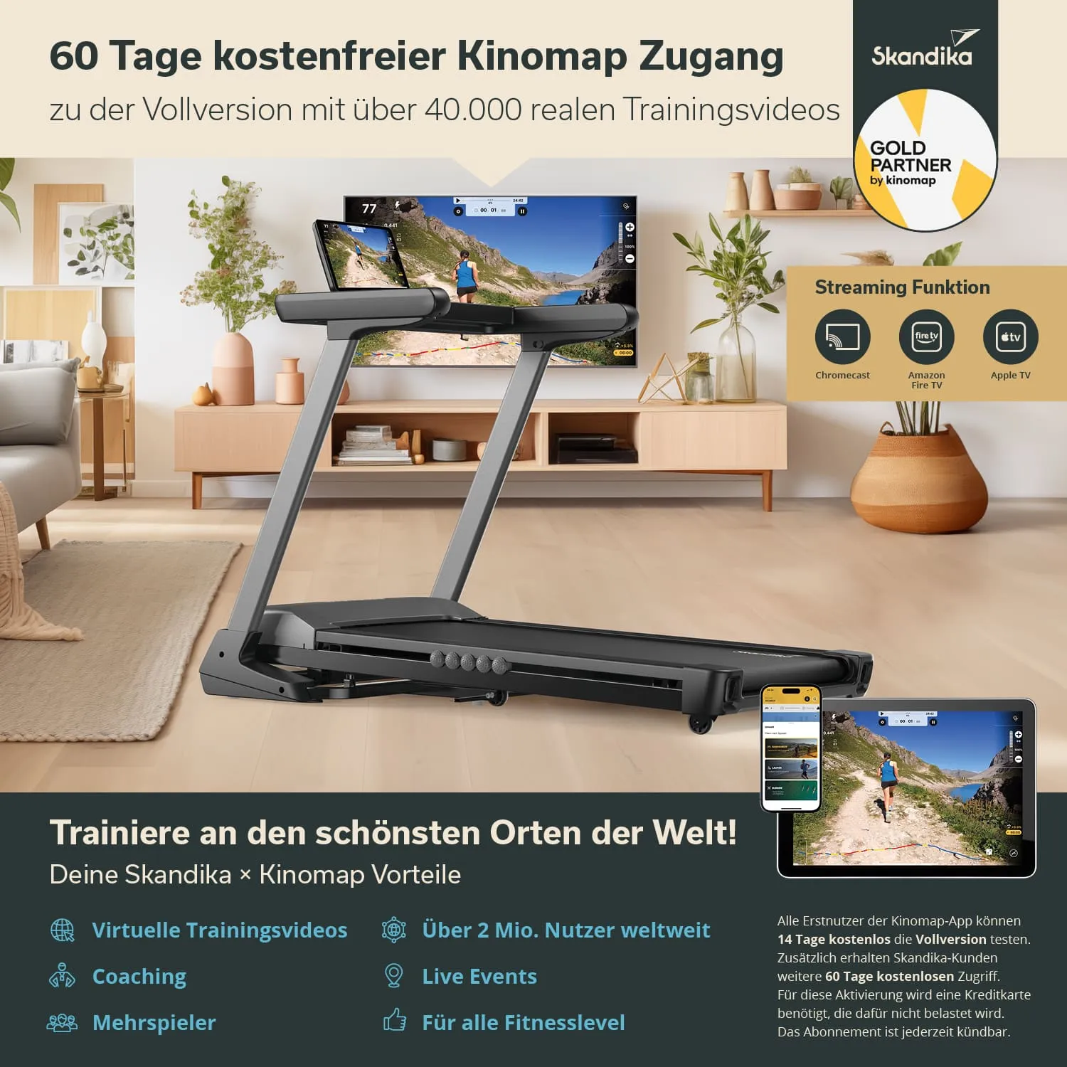 Laufband in einem modernen Raum mit Fernseher im Hintergrund, der eine Landschaft zeigt. Informationen über Kinomap-Zugang und Vorteile.
