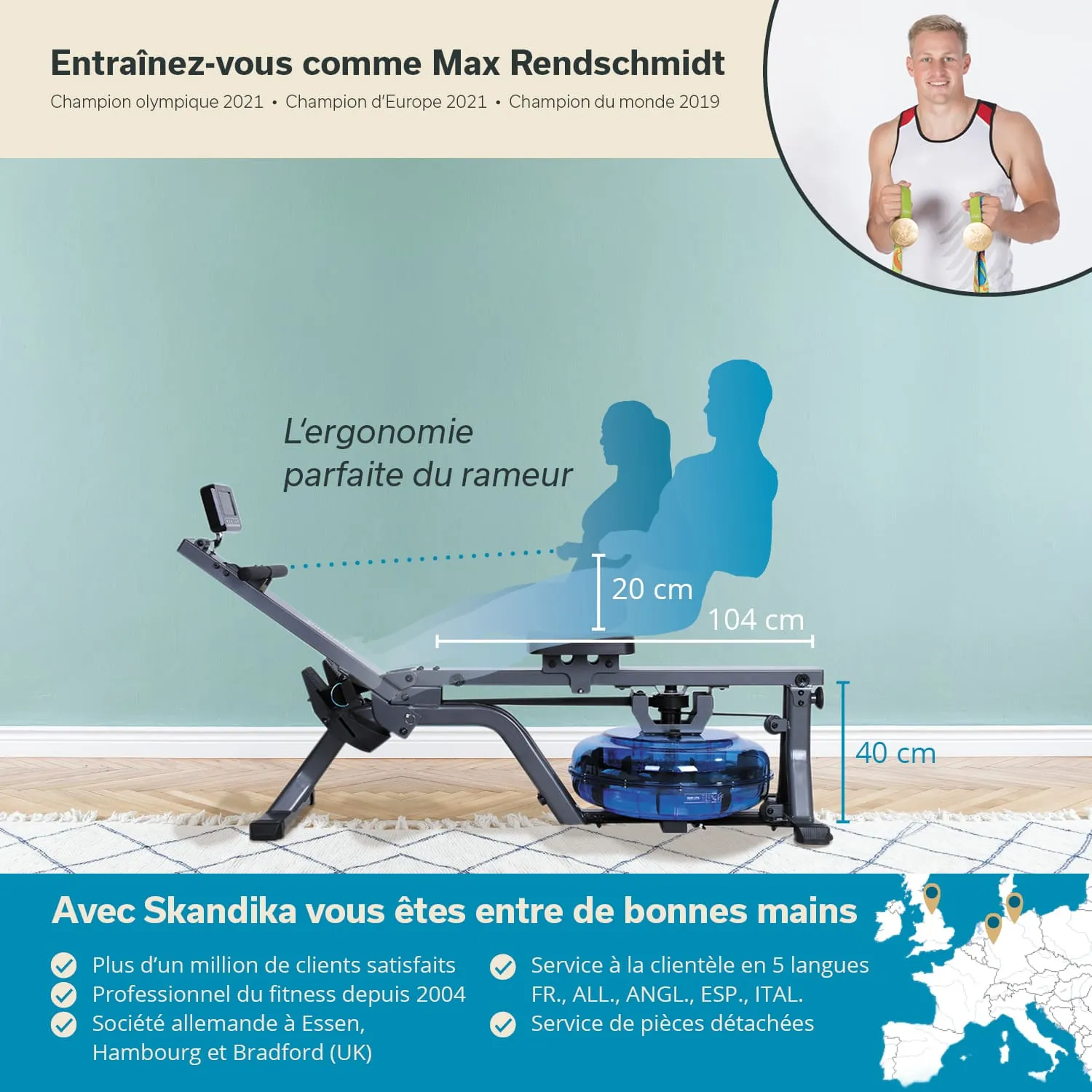 Bild eines Rudergeräts mit ergonomischen Abmessungen, Textinformationen und einem Sportler mit Medaillen. Hintergrund in einheitlicher Farbe.