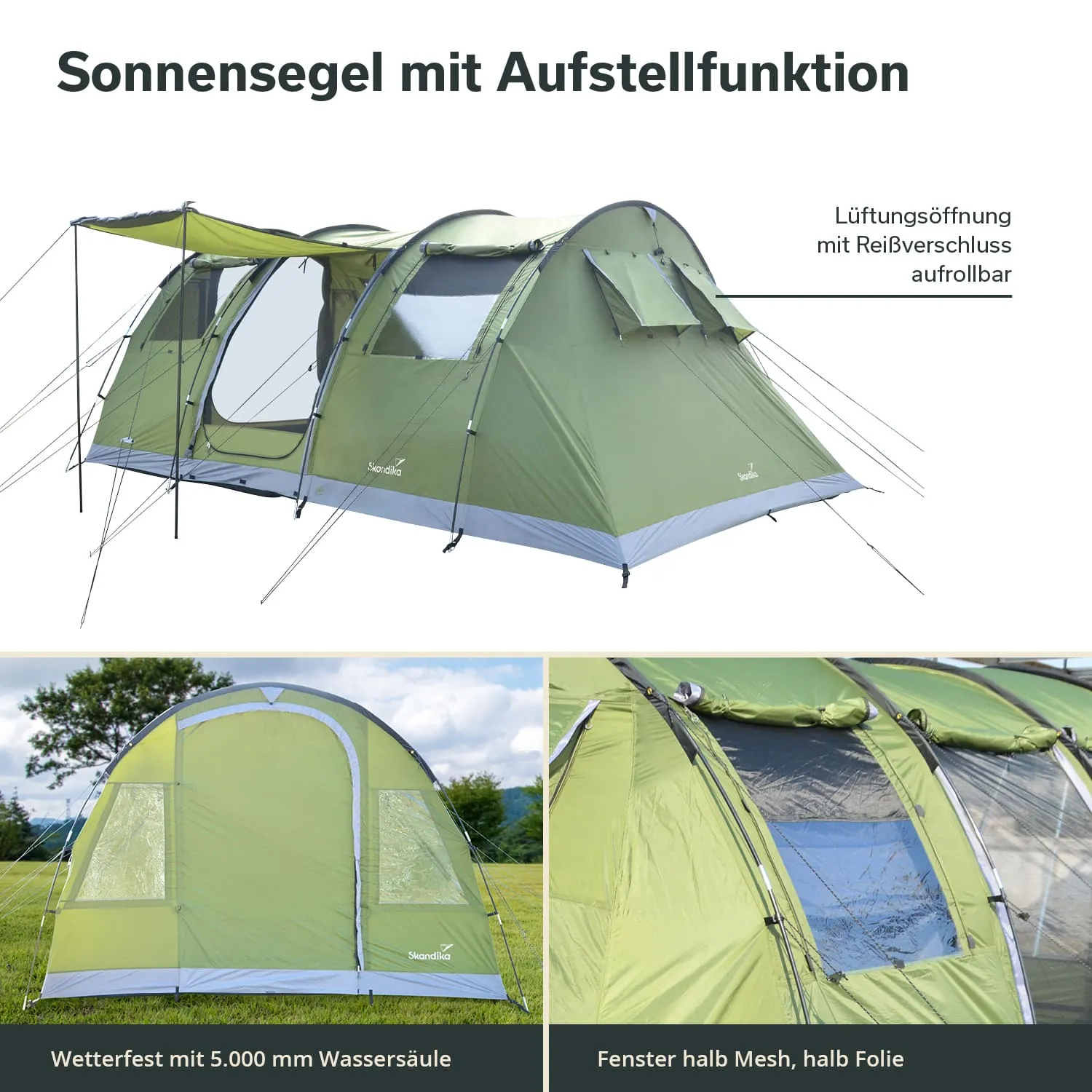 Zelt mit Sonnensegel in grün, seitlich aufgestellt. Anzeige von Belüftungsöffnung, Fenster und wetterfester Materialbeschreibung.
