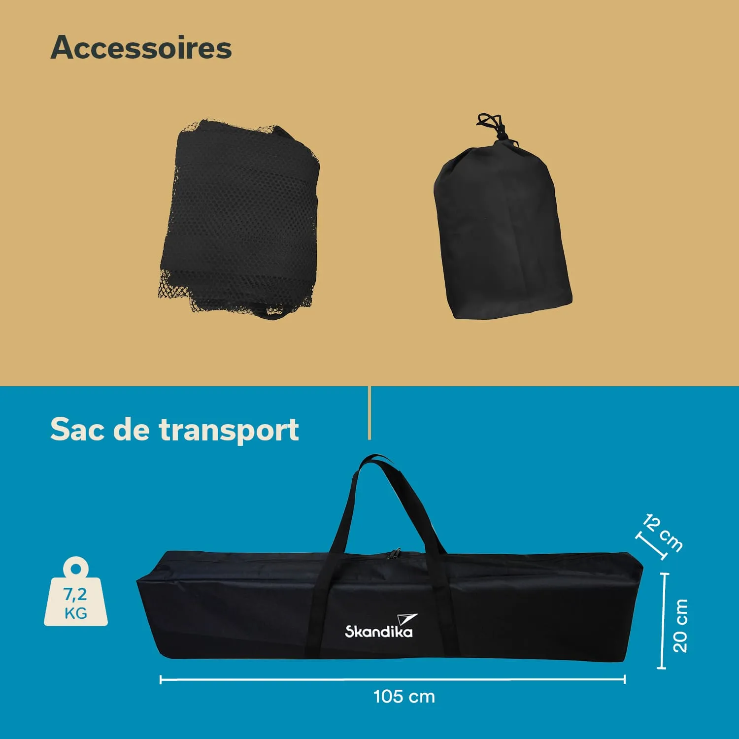 Zwei schwarze Taschen sind abgebildet: eine Netz- und eine Tragetasche. Darunter eine Transporttasche von Skandika, Maße und Gewicht angegeben.