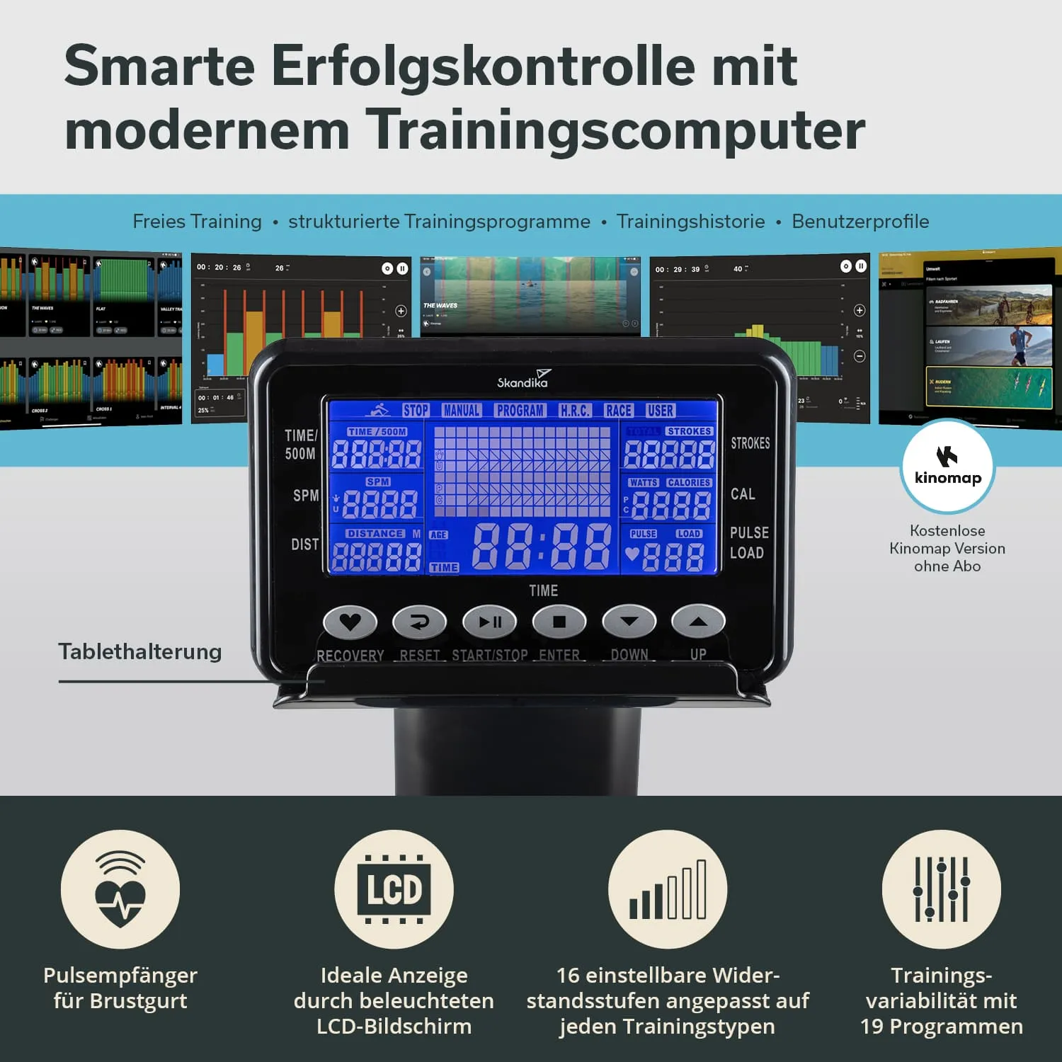 Digitale Anzeige eines Trainingscomputers mit blauem LCD-Bildschirm und Bedienelementen. Tablet-Halterung oben.