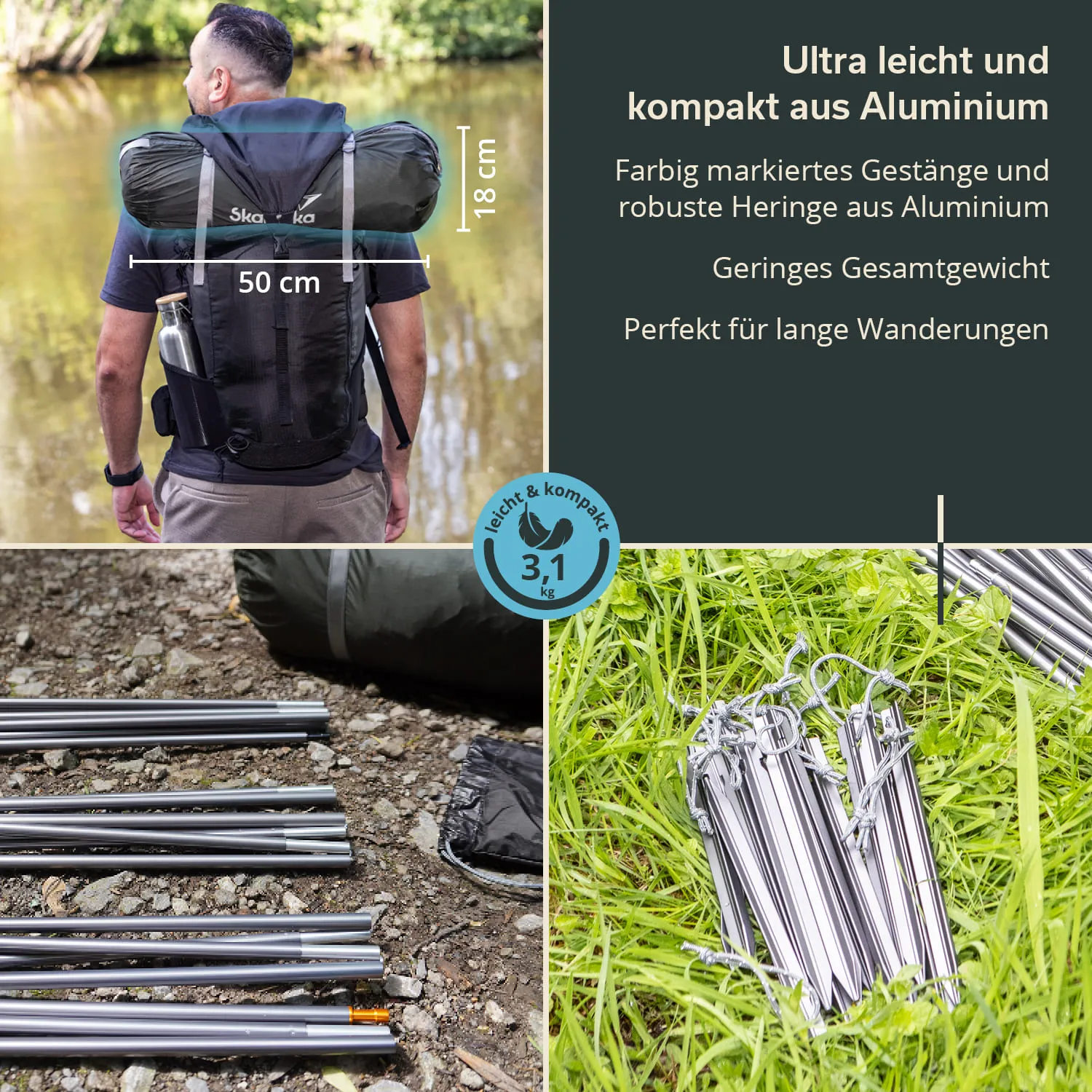 Rucksackträger vor einem Gewässer mit einem großen gepackten Rucksack. Detailansichten von Aluminiumgestängen und Heringen auf verschiedenen Untergründen.