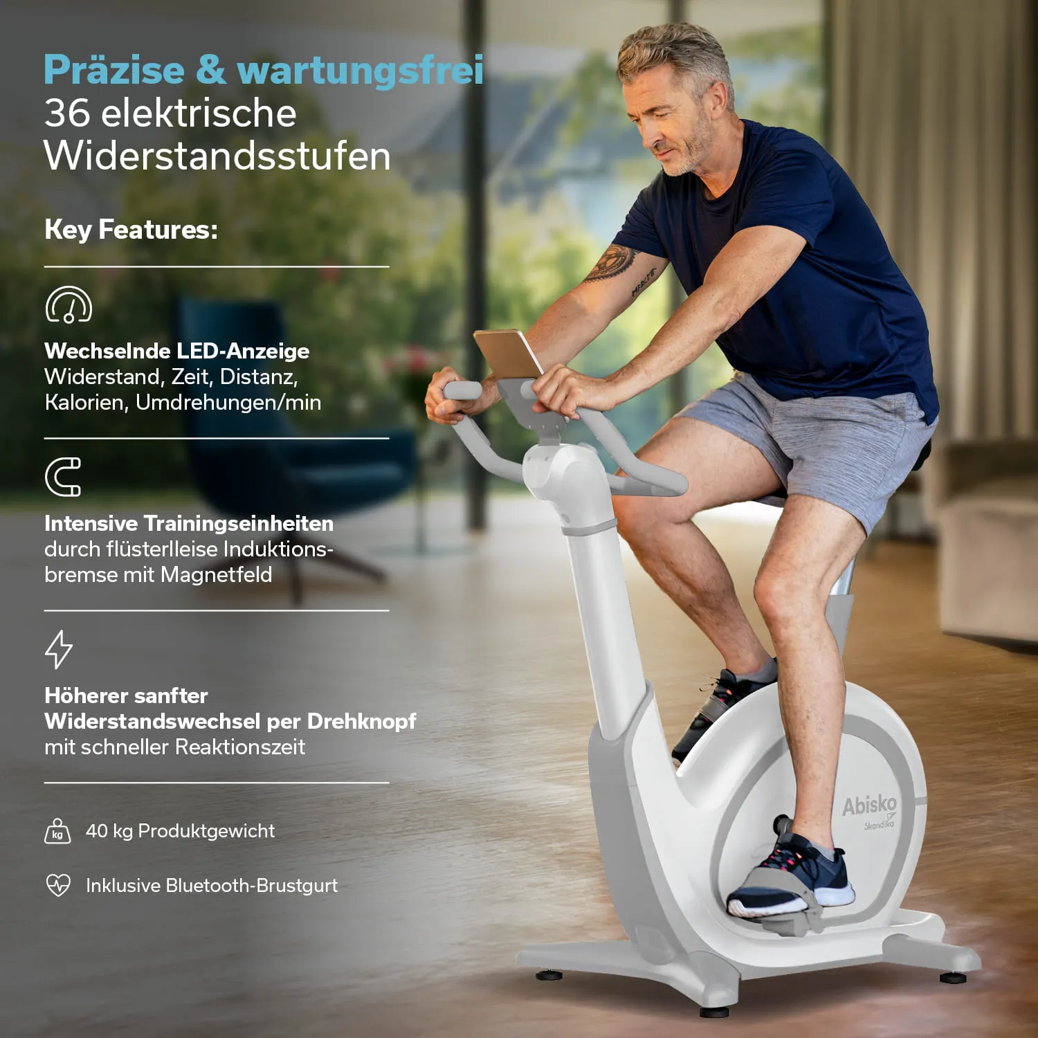 Smartphone auf einem Halter an einem Fitnessgerät, Bildschirm zeigt Landschaft und Trainingsdaten. Textinformationen zu Kinomap-Zugang.