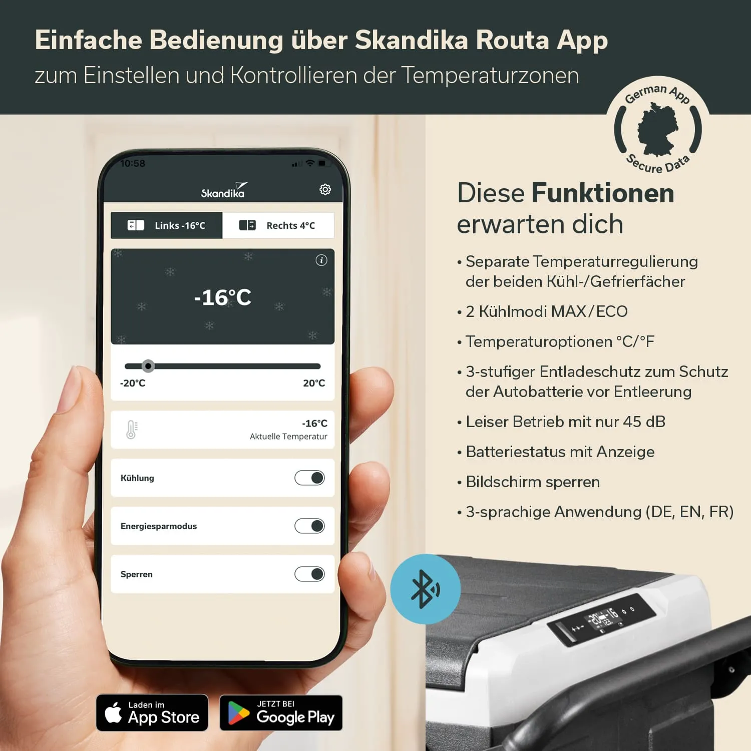 Hand hält ein Smartphone, das die Skandika Routa App zur Temperaturregelung zeigt. Im Hintergrund ist ein Kühlschrank zu sehen.