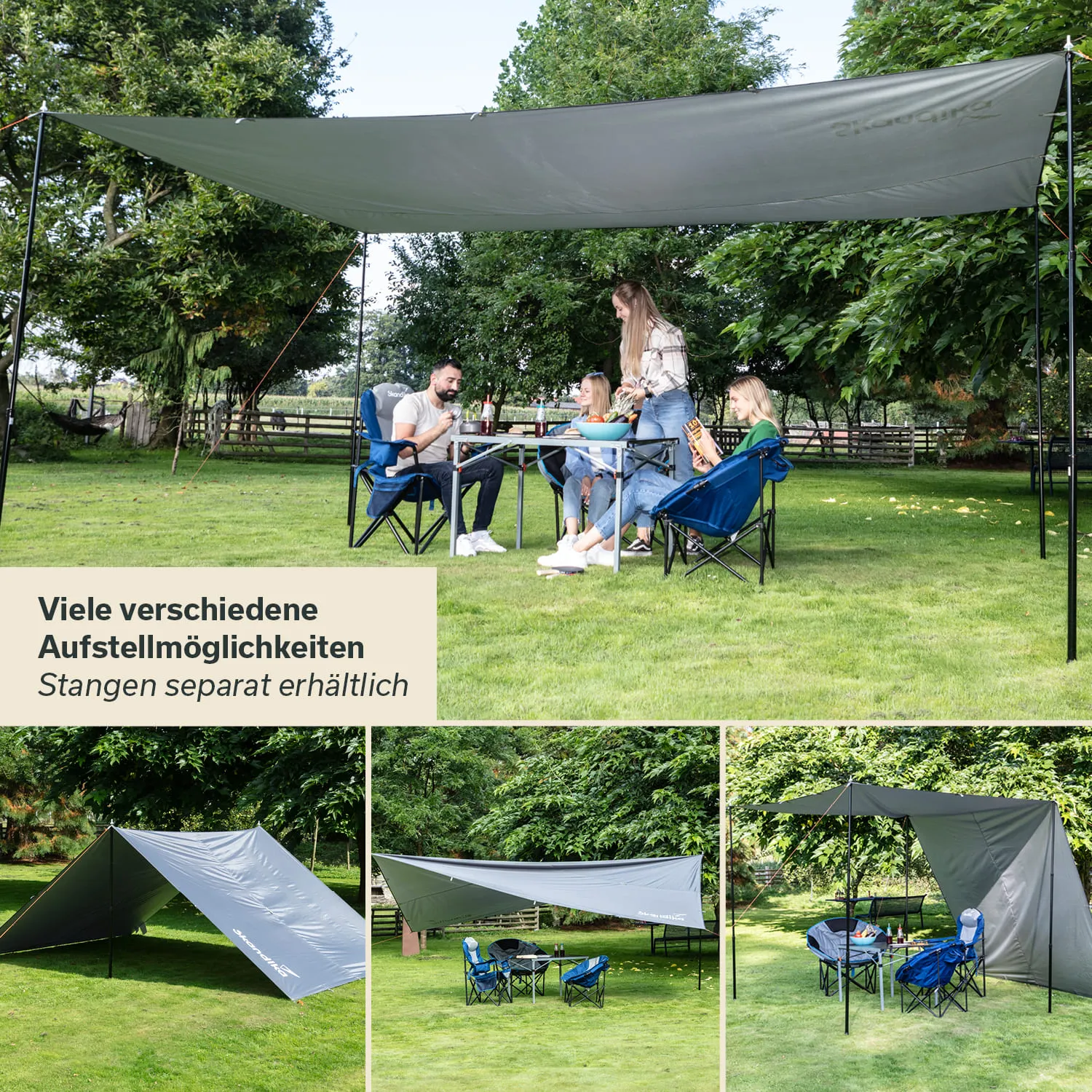 Tisch mit Stühlen unter einem grauen Sonnensegel im Freien. Personen sitzen und interagieren. Grafiken zeigen verschiedene Aufstellmöglichkeiten.