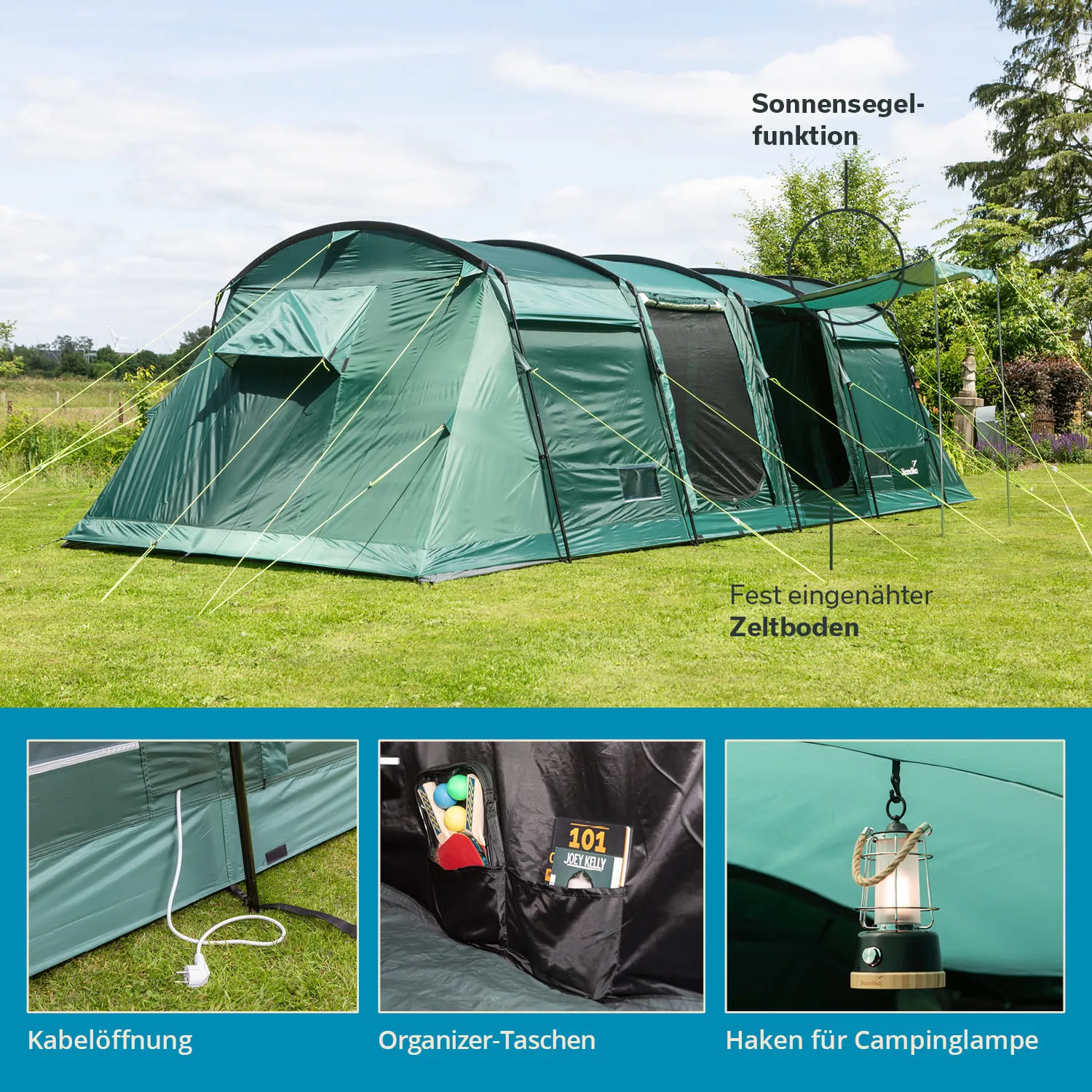 Grünes Zelt auf einer Wiese, mit Sonnenschutzfunktion, Kabelöffnung, Organizer-Taschen und Haken für eine Campinglampe.