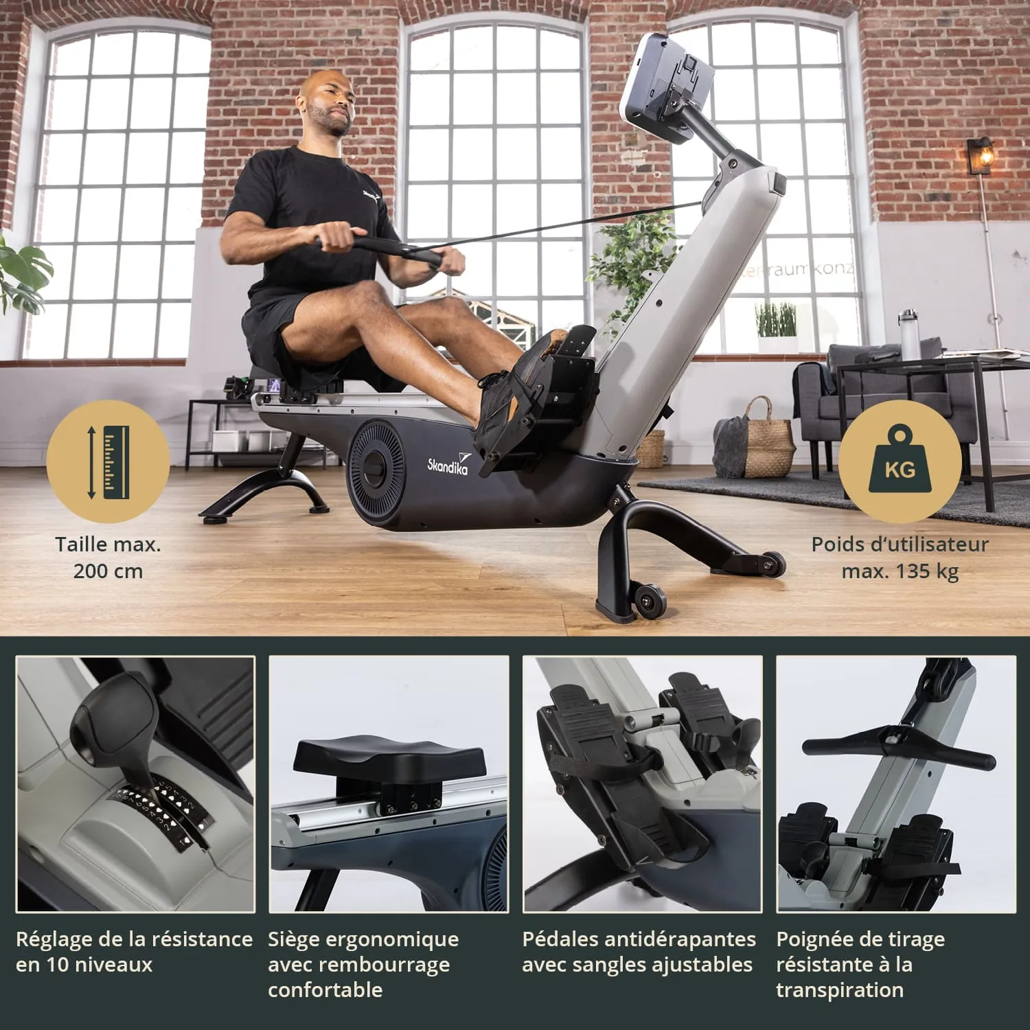 Rudergerät mit verstellbarem Widerstand, ergonomischem Sitz und rutschfesten Pedalen in einem modern gestalteten Raum.