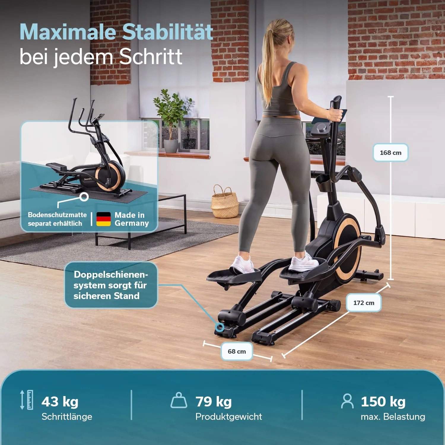 Elipsentrainer im Innenraum, Person nutzt das Gerät, umgeben von Fenstern und Pflanzen. Maße und Produktdetails eingeblendet.