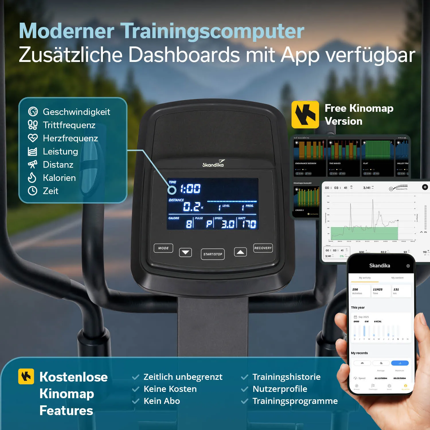 Trainingscomputer mit LCD-Display, Tasten für Programmsteuerung und App-Anbindung. Grafiken und Daten zu Trainingseinstellungen sichtbar.