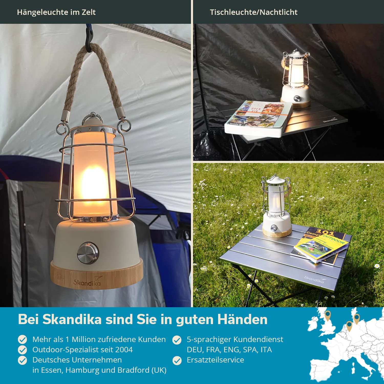 Hängelampe im Zelt und Tischleuchte auf einem Tisch im Freien. Bücher liegen daneben. Hintergrund in grau und grün.