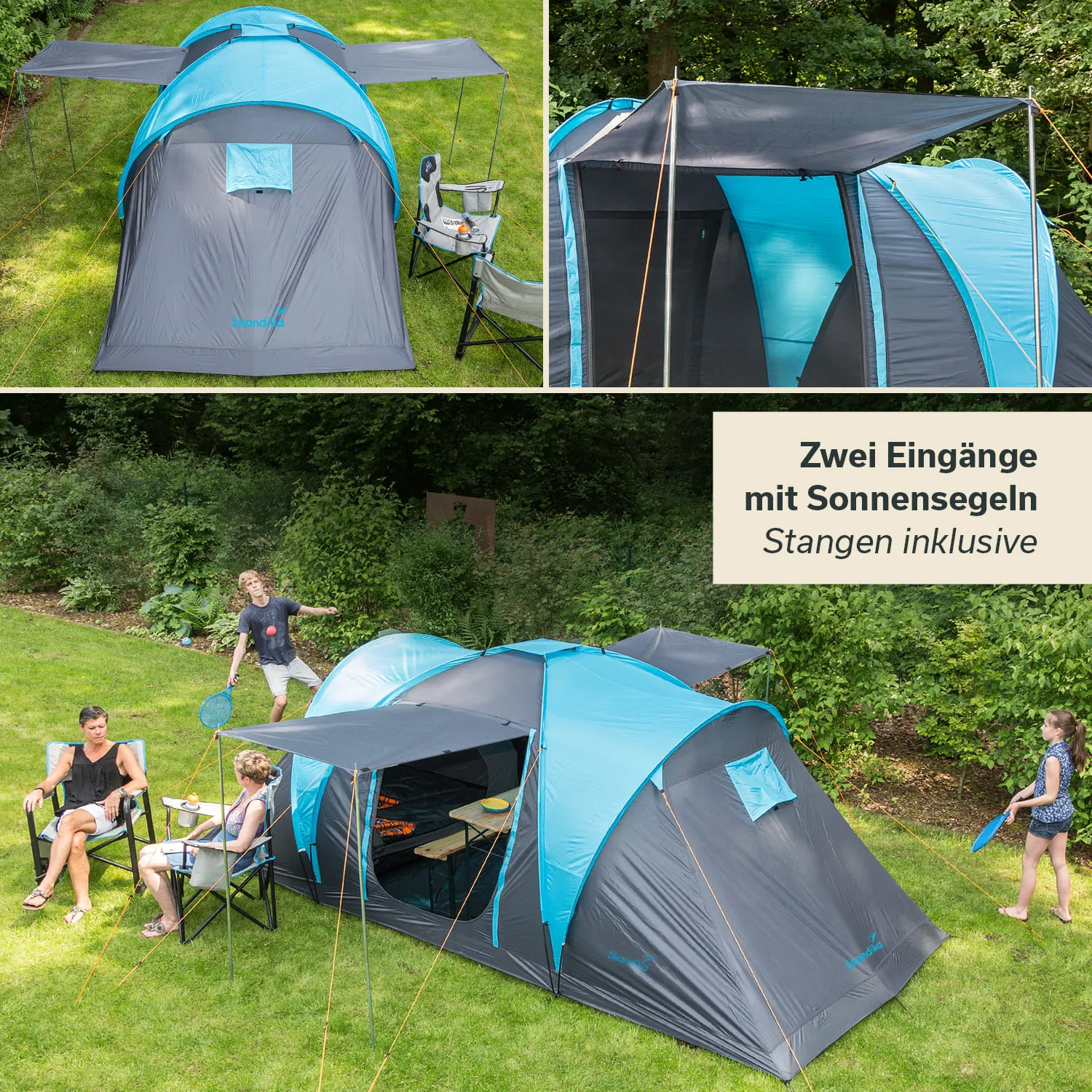 Zelt mit blauer und grauer Plane auf grünem Rasen, zwei Eingänge und Sonnensegel. Zwei Personen sitzen, ein Junge spielt.