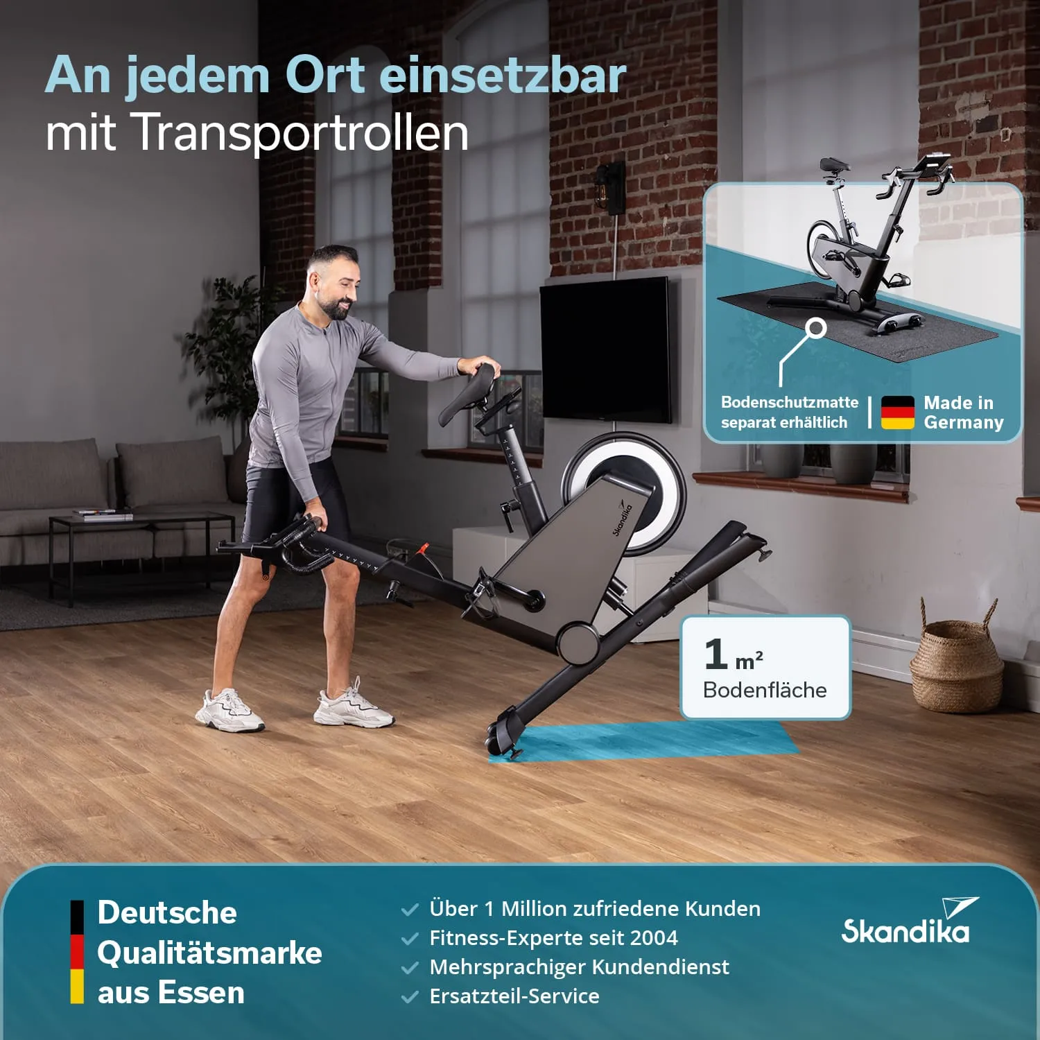 Fahrrad-Ergometer auf Holzfußboden, Person verwendet das Gerät, Raum mit Sofa und Fernseher im Hintergrund, informative Grafiken.