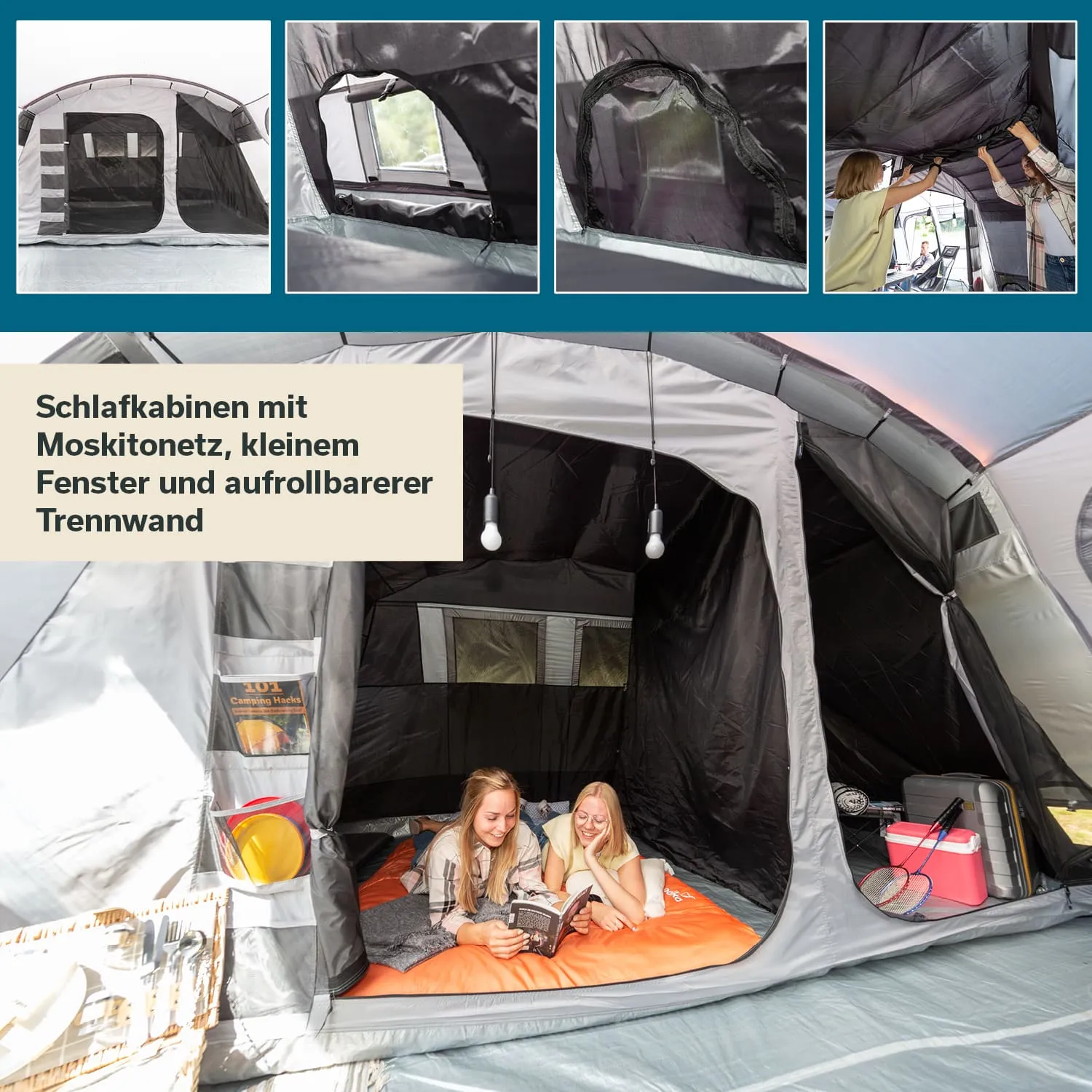 Zeltinnenraum mit zwei Personen auf einer Matratze, die lesen. Sichtbare Schlafkabinen, Moskitonetz und Fenster.