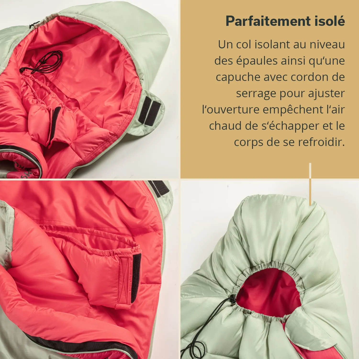 Isolierte Jacke in Mintgrün und Rot, sichtbar sind Innenansicht, Kapuze und integrierte Taschen. Cordon zum Verstellen der Kapuze.