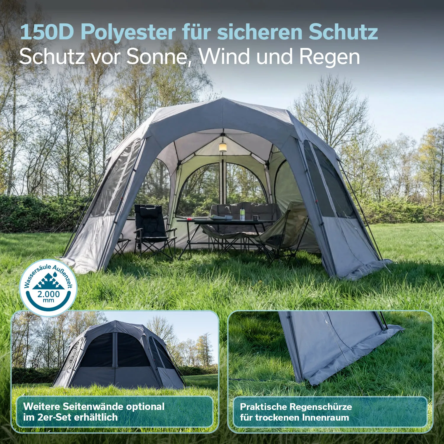 Zelt aus grauem Polyester in einer Wiese, mit Tisch und Stühlen im Innenraum, umgeben von Bäumen.