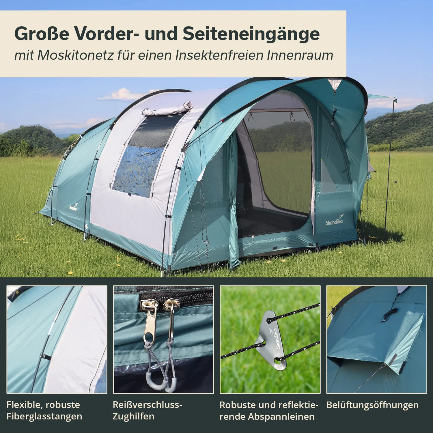 Zelt mit großen Eingängen und Moskitonetz. Im Hintergrund eine Wiese und Hügel. Details zu Zeltkomponenten sind abgebildet.