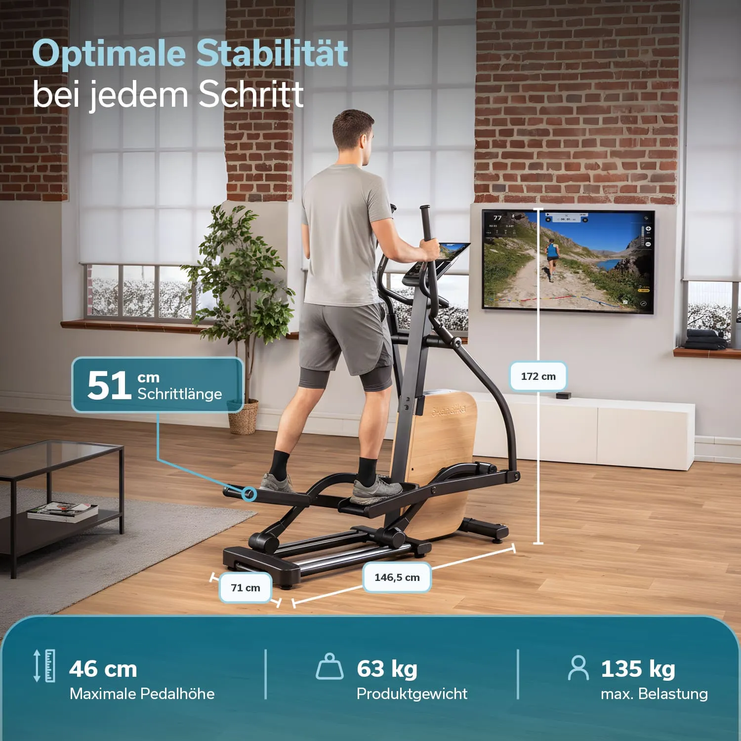 Ein Mensch steht auf einem Ellipsentrainer in einem hellen Raum. Im Hintergrund ist ein Fernseher zu sehen. Informationen zu Maße und Produktdetails sind eingeblendet.